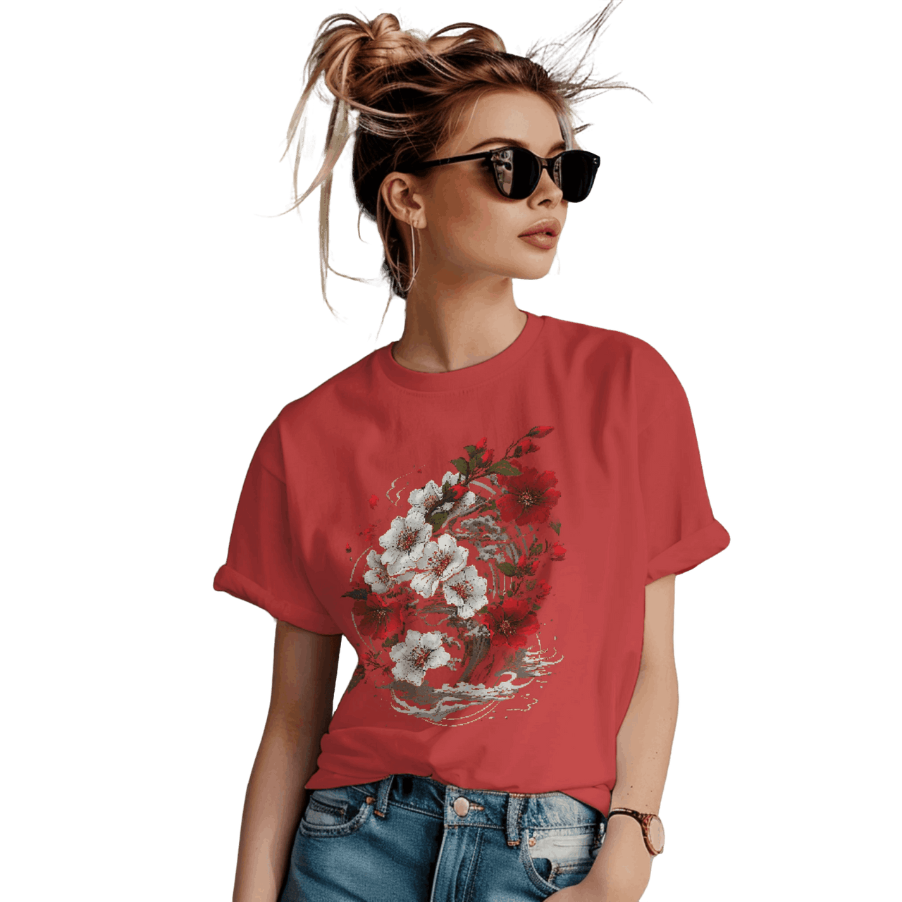 Elegant Japanese Flowers T-Shirt with Stunning Blossom Design Red