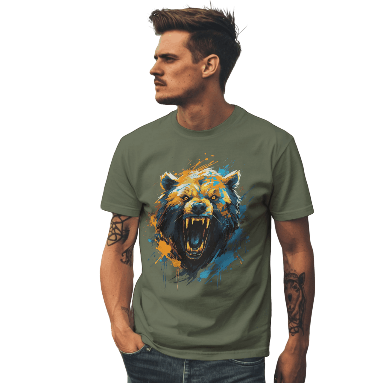 Fierce Bear Unisex T-Shirt - Make a Bold Style Statement Military Green