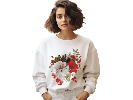 Floral Harmony Japanese Sweatshirt: Embrace Serene Botanical Art White