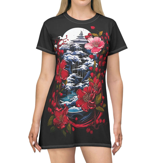 Japanese Dream Black T-Shirt Dress with Enchanting All-Over Print Black