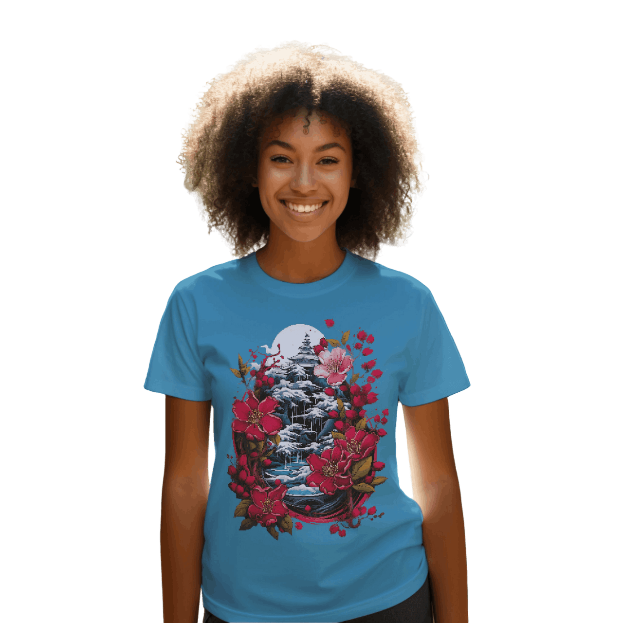 Japanese Dream T-Shirt for Serene Landscapes and Majestic Temples Aqua