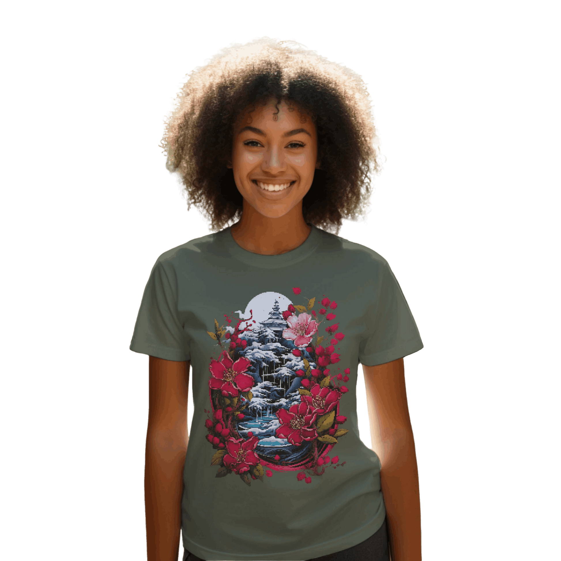 Japanese Dream T-Shirt for Serene Landscapes and Majestic Temples Military Green