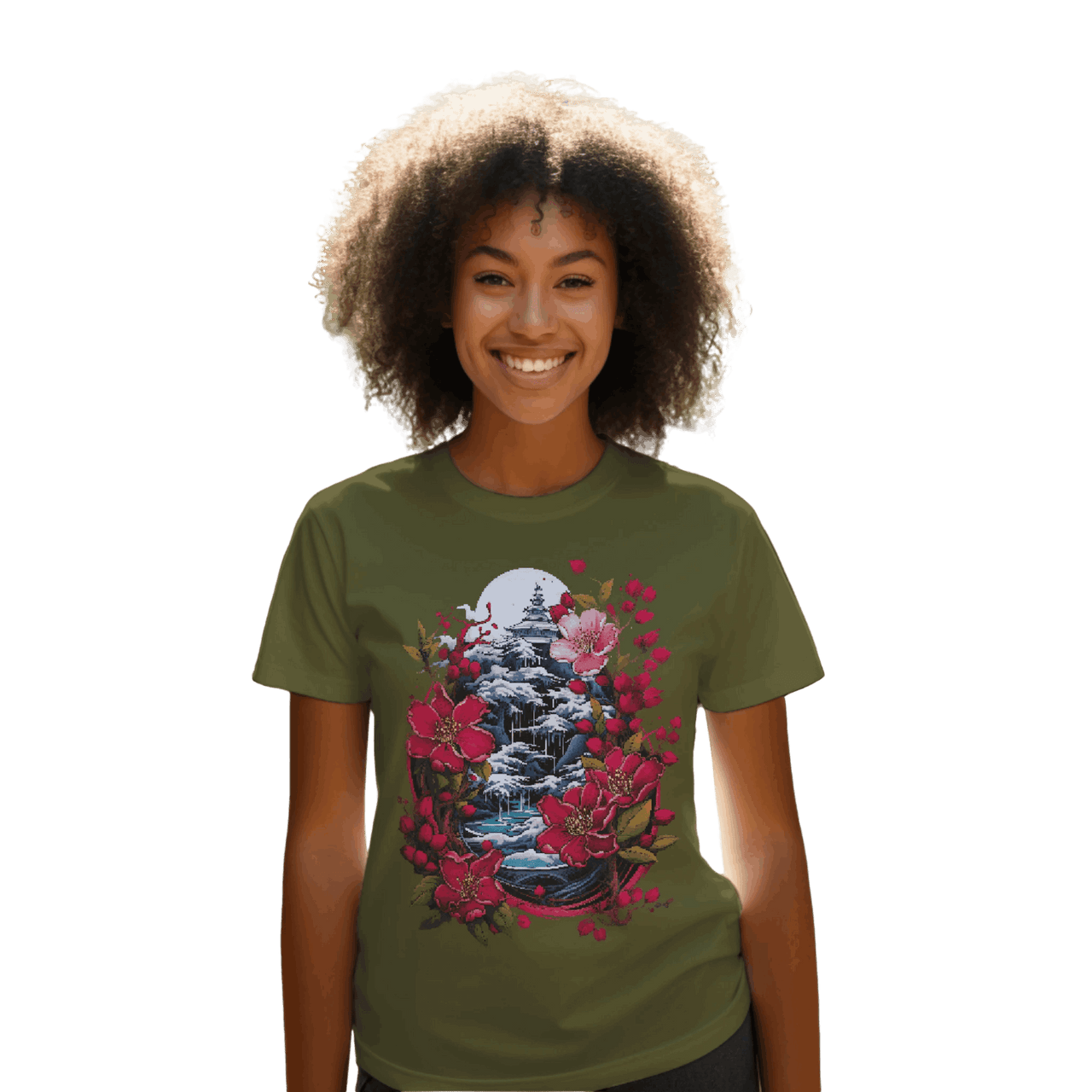 Japanese Dream T-Shirt for Serene Landscapes and Majestic Temples Olive