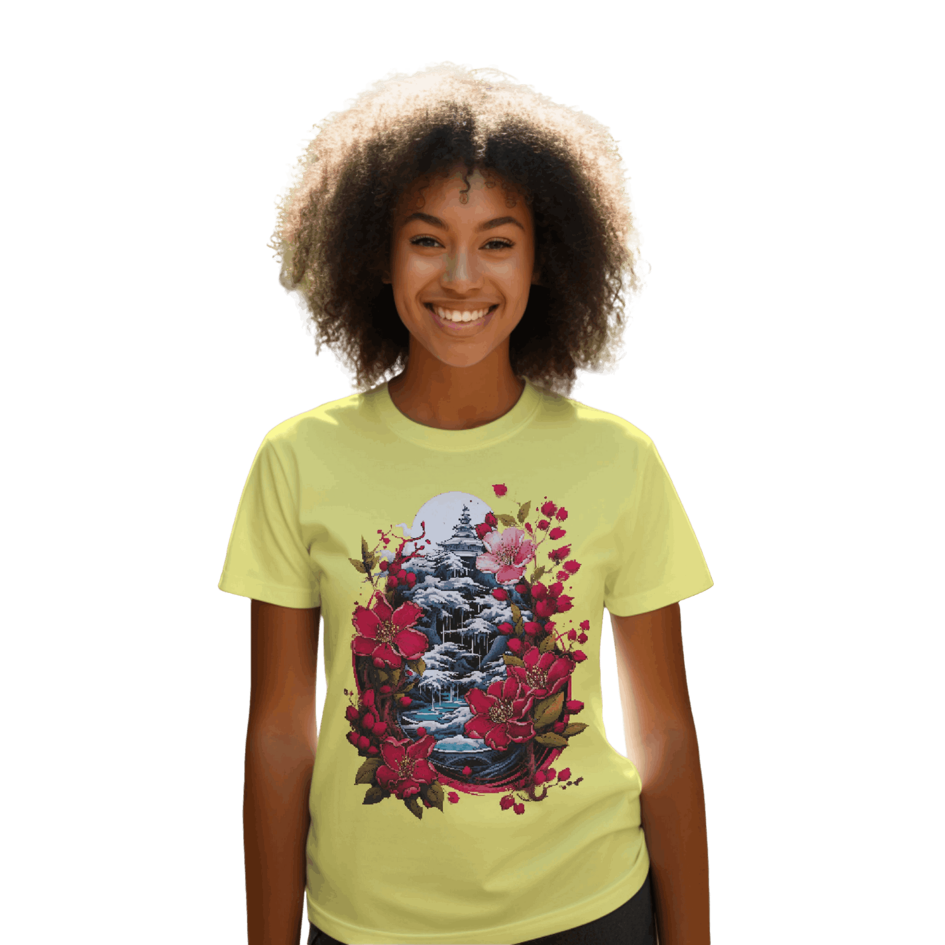 Japanese Dream T-Shirt for Serene Landscapes and Majestic Temples Yellow