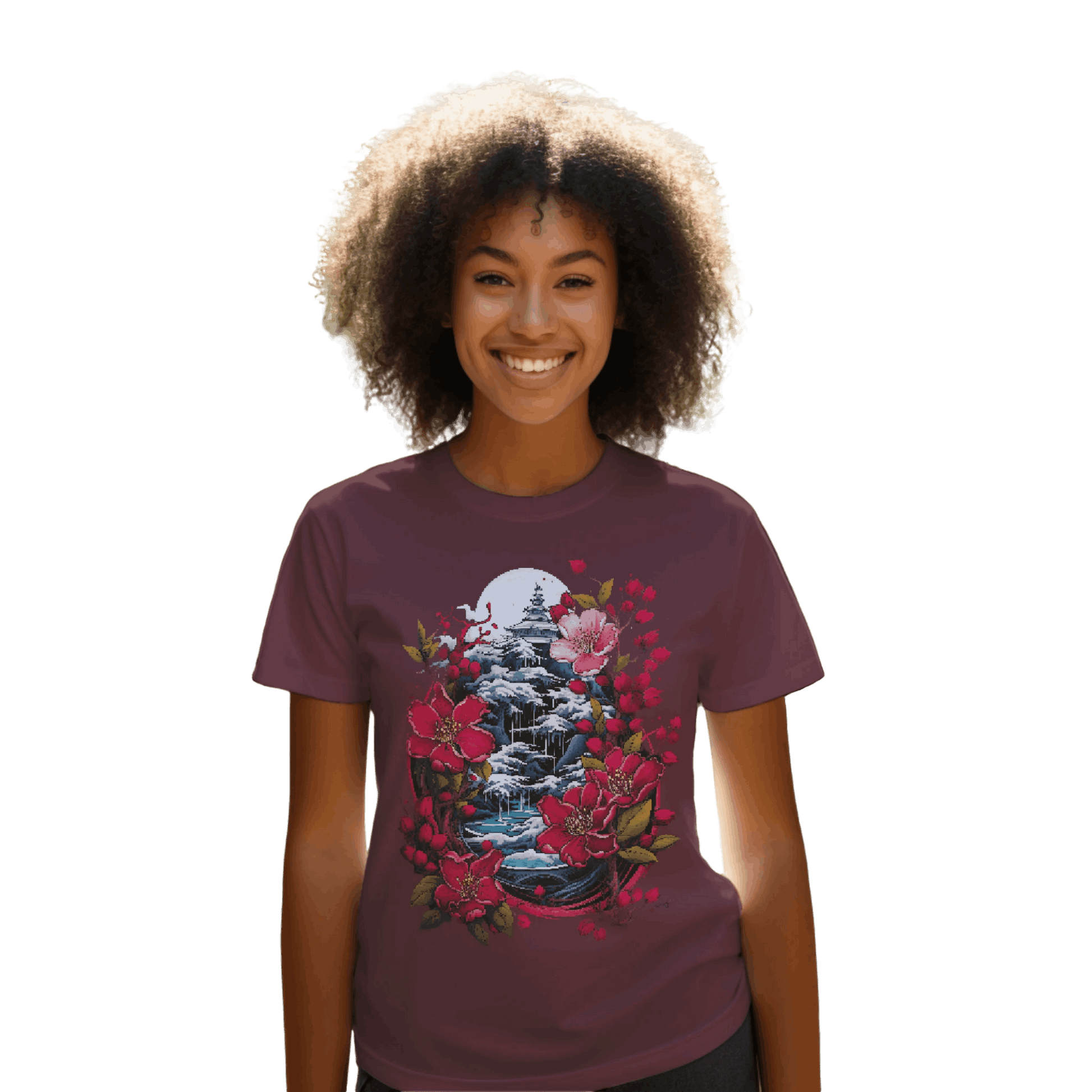 Japanese Dream T-Shirt for Serene Landscapes and Majestic Temples Maroon