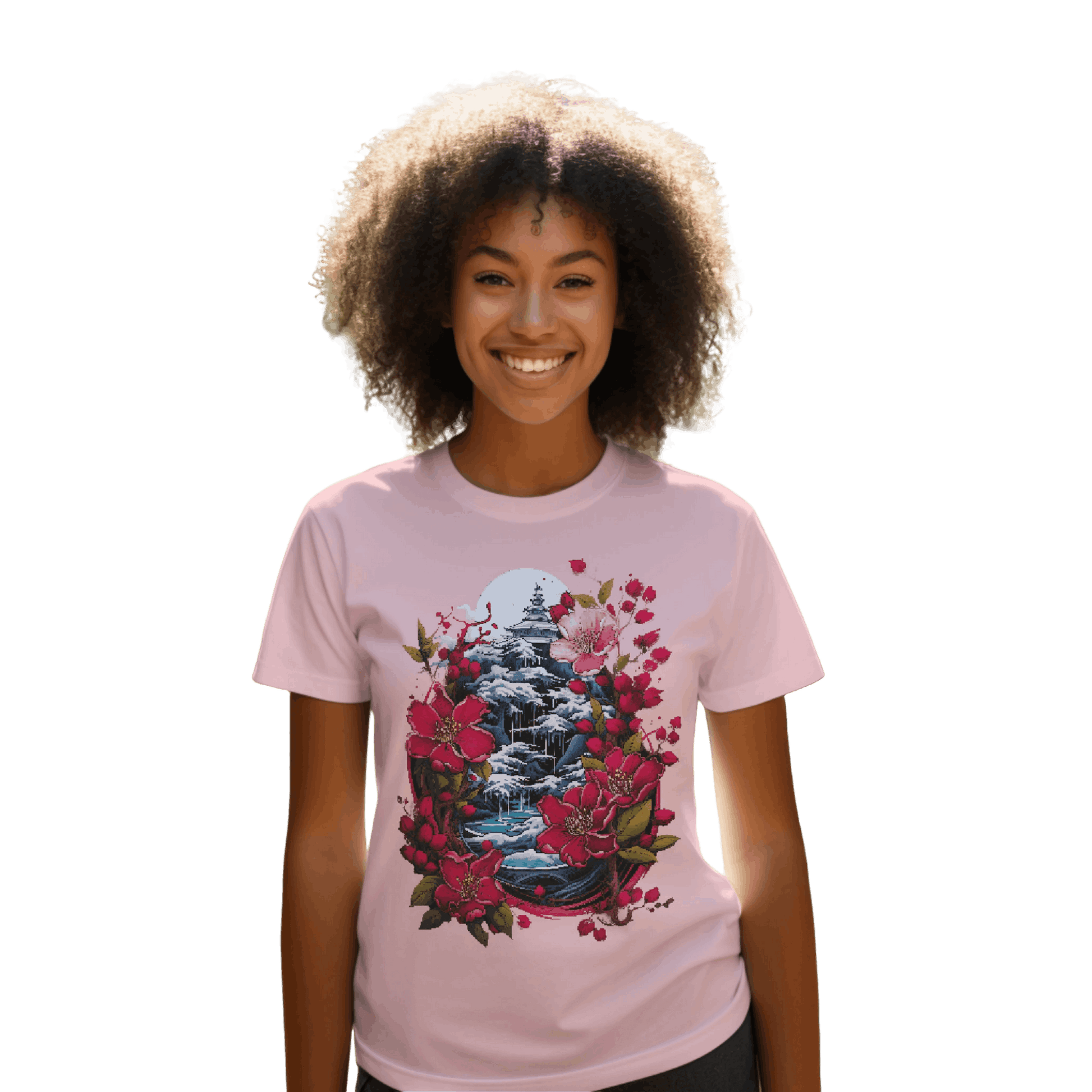 Japanese Dream T-Shirt for Serene Landscapes and Majestic Temples Pink