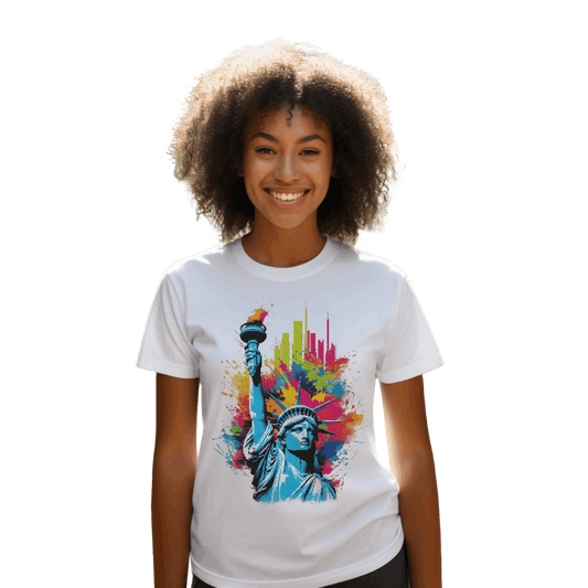 Majestic Statue of Liberty T-Shirt with Vibrant Cityscape Design White