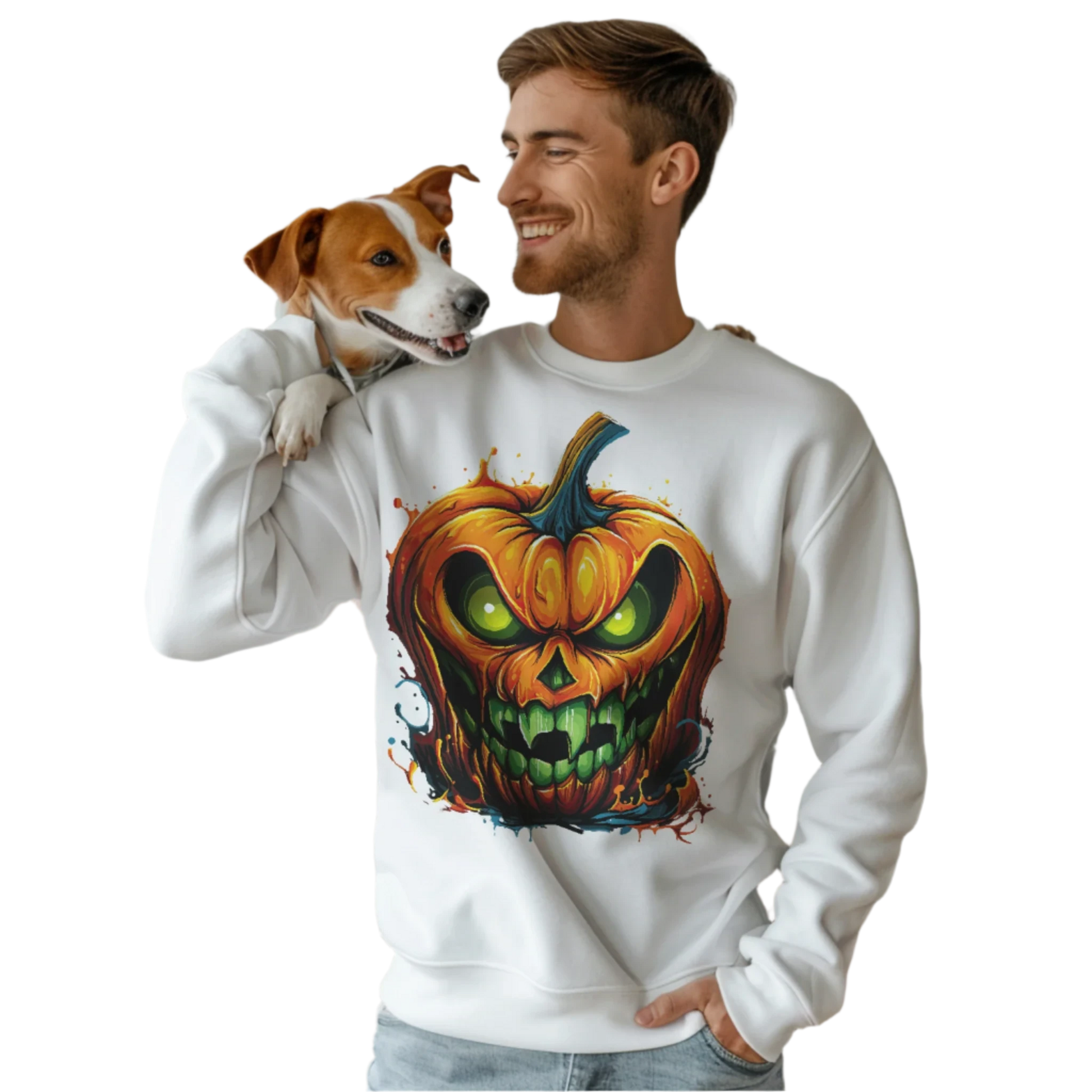 Menacing Halloween Pumpkin Sweatshirt for Fun and Whimsy White