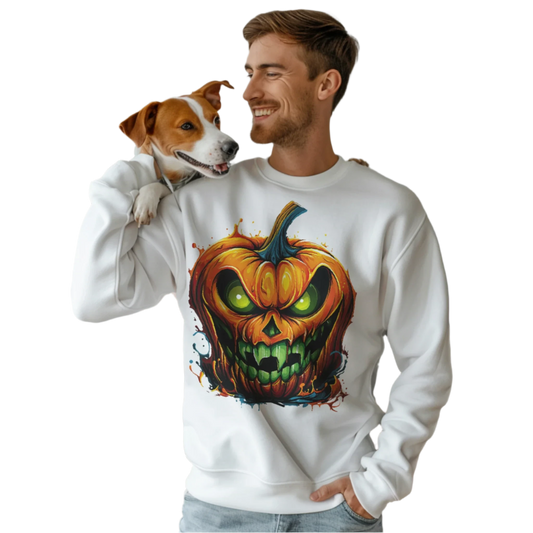 Menacing Halloween Pumpkin Sweatshirt for Fun and Whimsy White