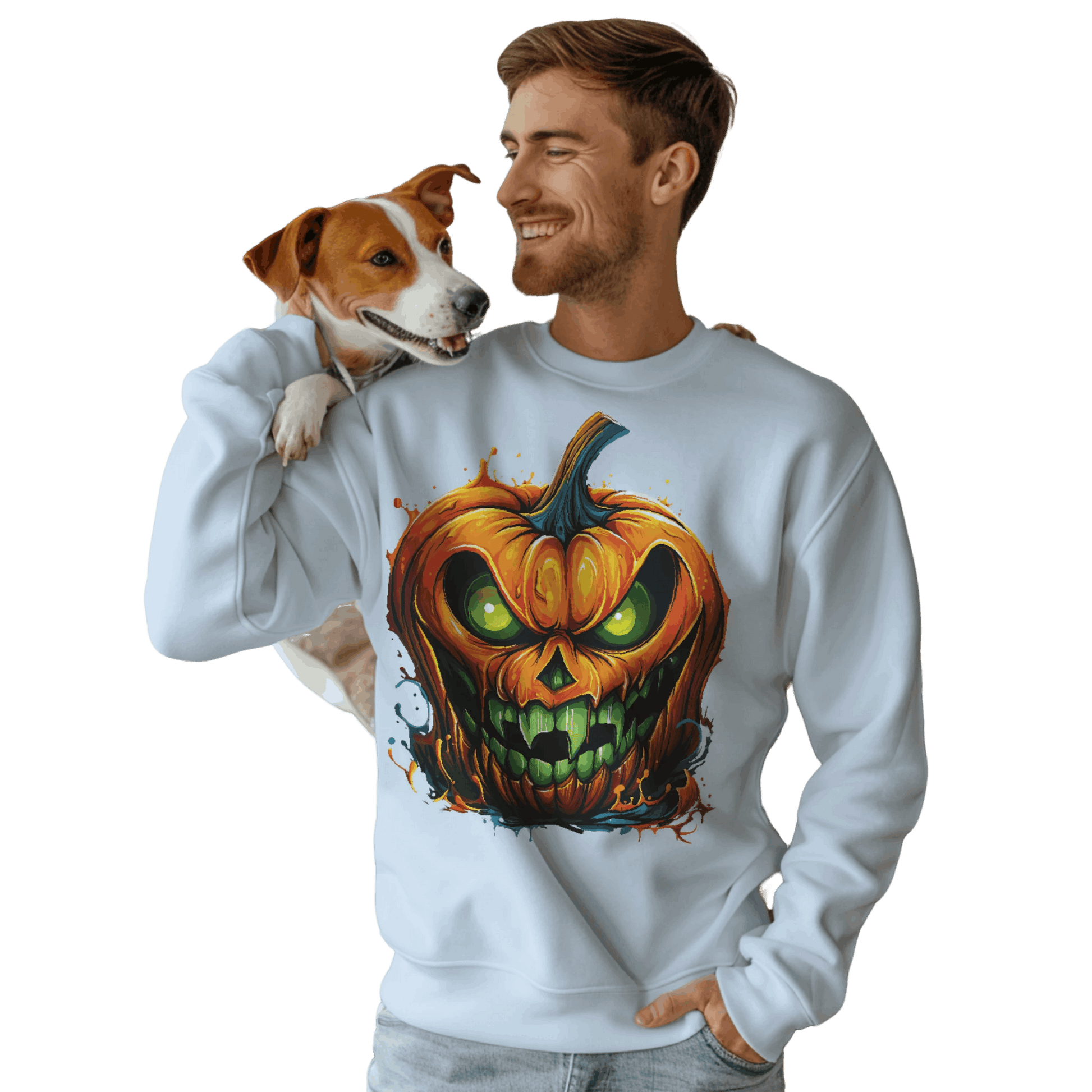 Menacing Halloween Pumpkin Sweatshirt for Fun and Whimsy Light Blue