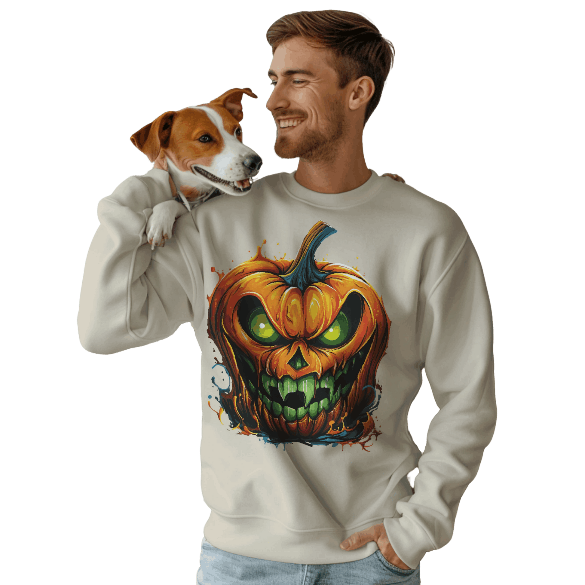 Menacing Halloween Pumpkin Sweatshirt for Fun and Whimsy Sand