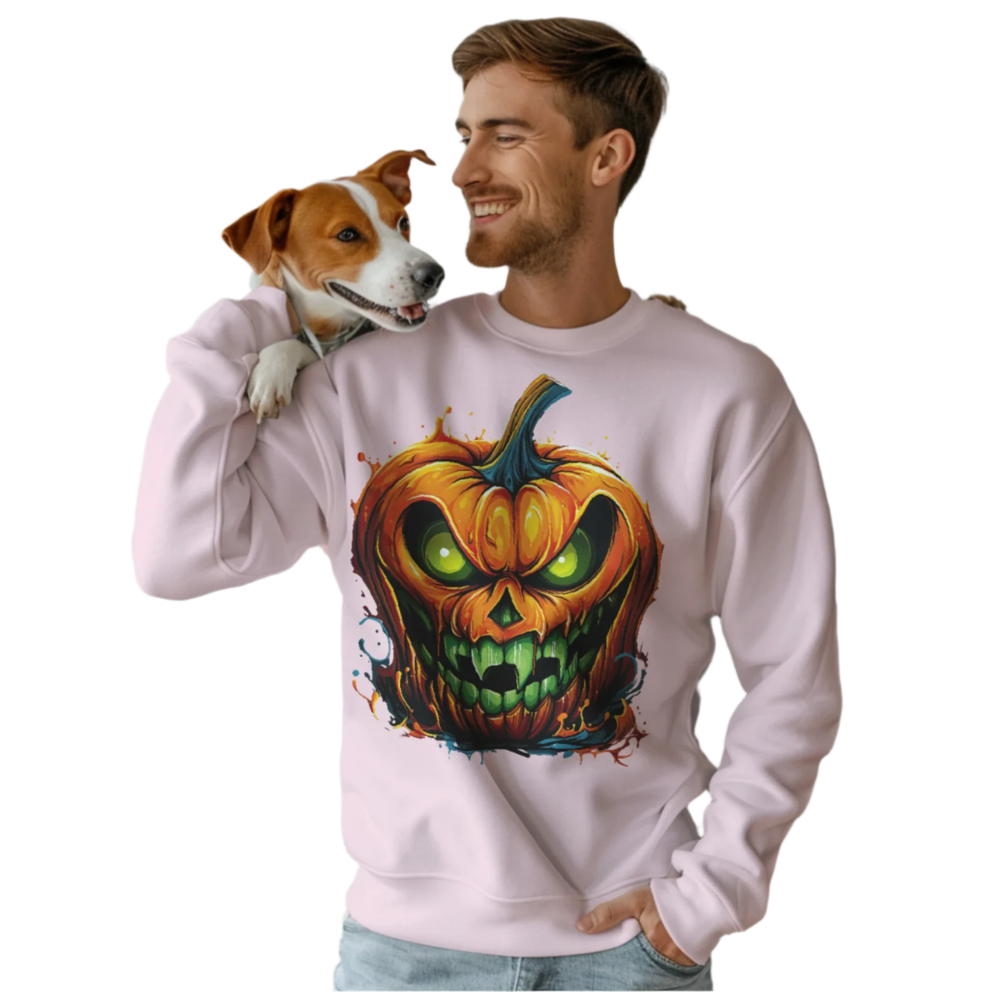 Menacing Halloween Pumpkin Sweatshirt for Fun and Whimsy Light Pink