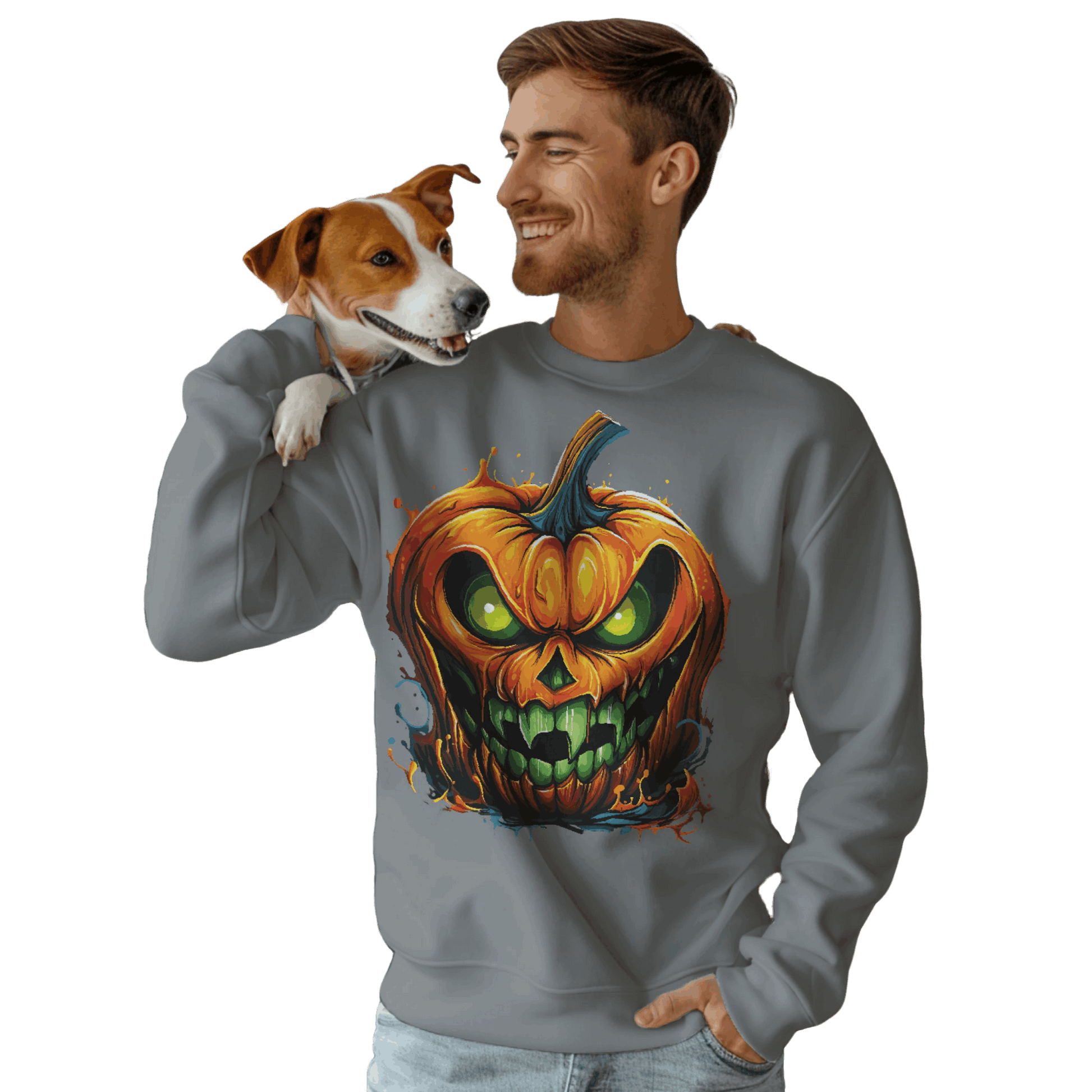 Menacing Halloween Pumpkin Sweatshirt for Fun and Whimsy Graphite Heather