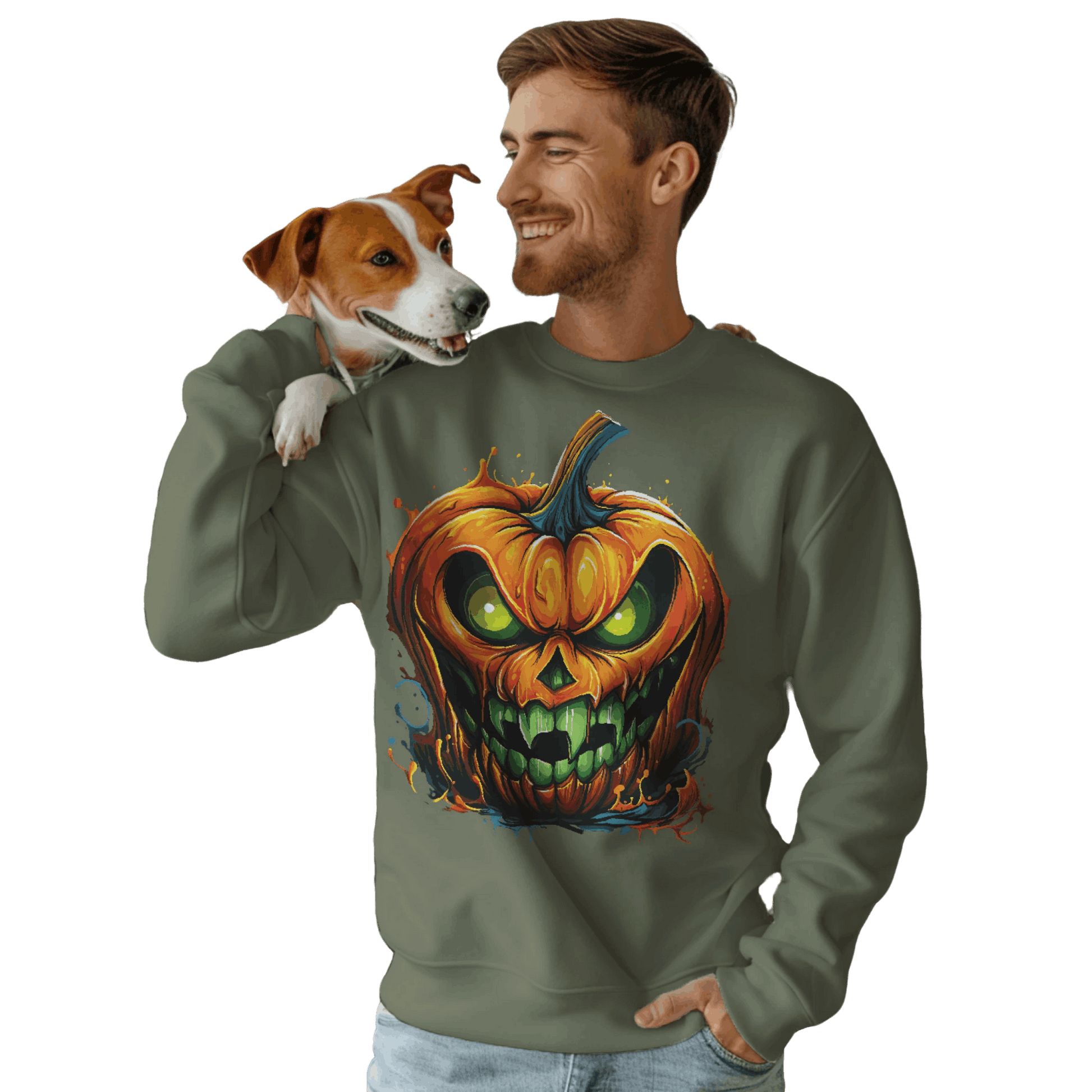 Menacing Halloween Pumpkin Sweatshirt for Fun and Whimsy Military Green