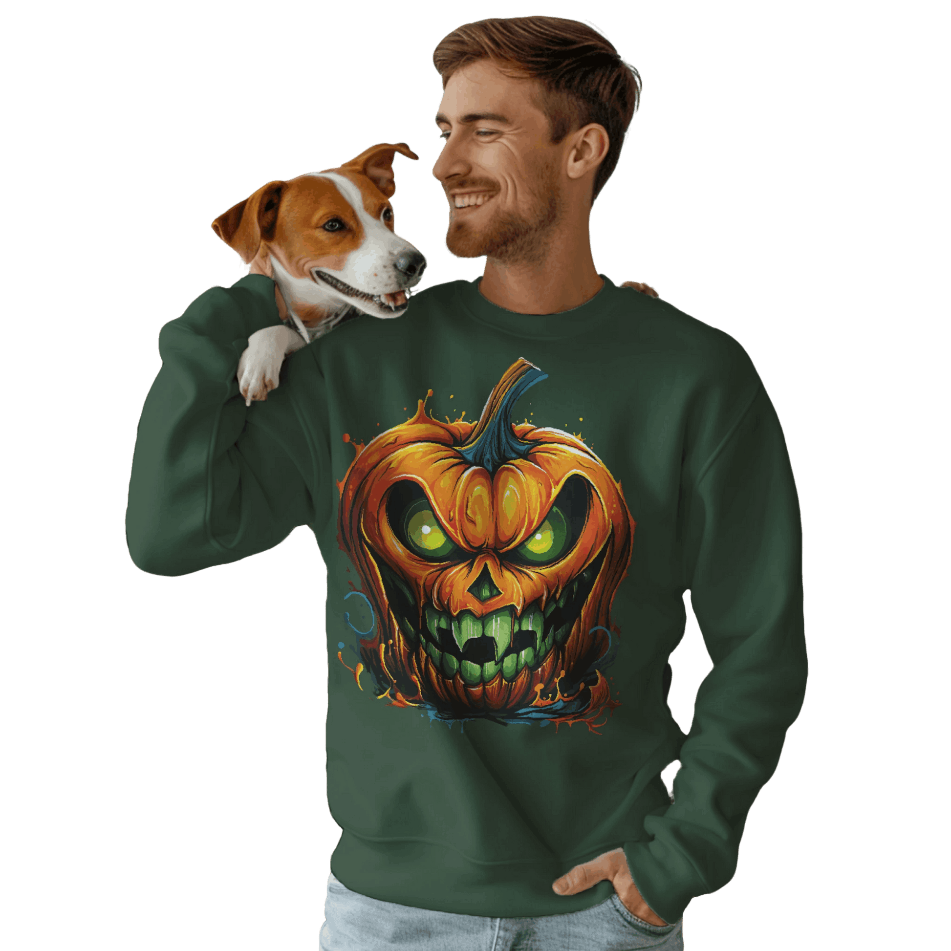 Menacing Halloween Pumpkin Sweatshirt for Fun and Whimsy Forest Green