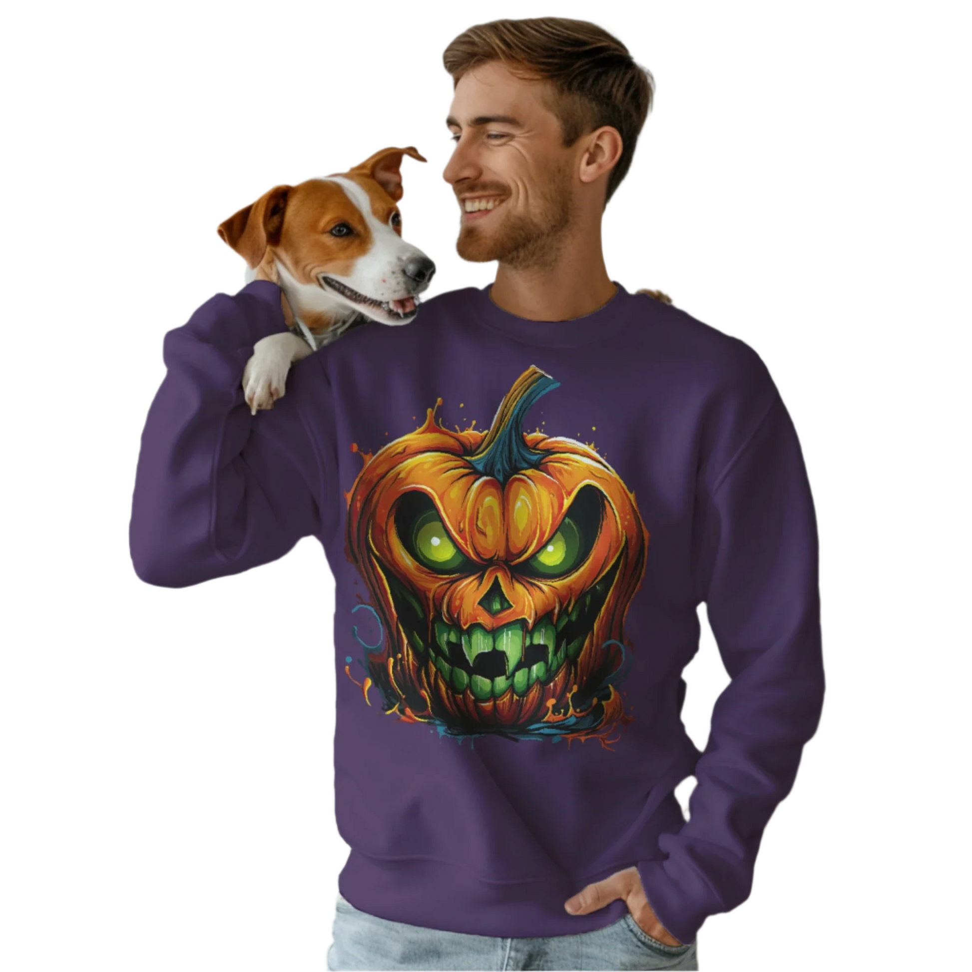 Menacing Halloween Pumpkin Sweatshirt for Fun and Whimsy Purple