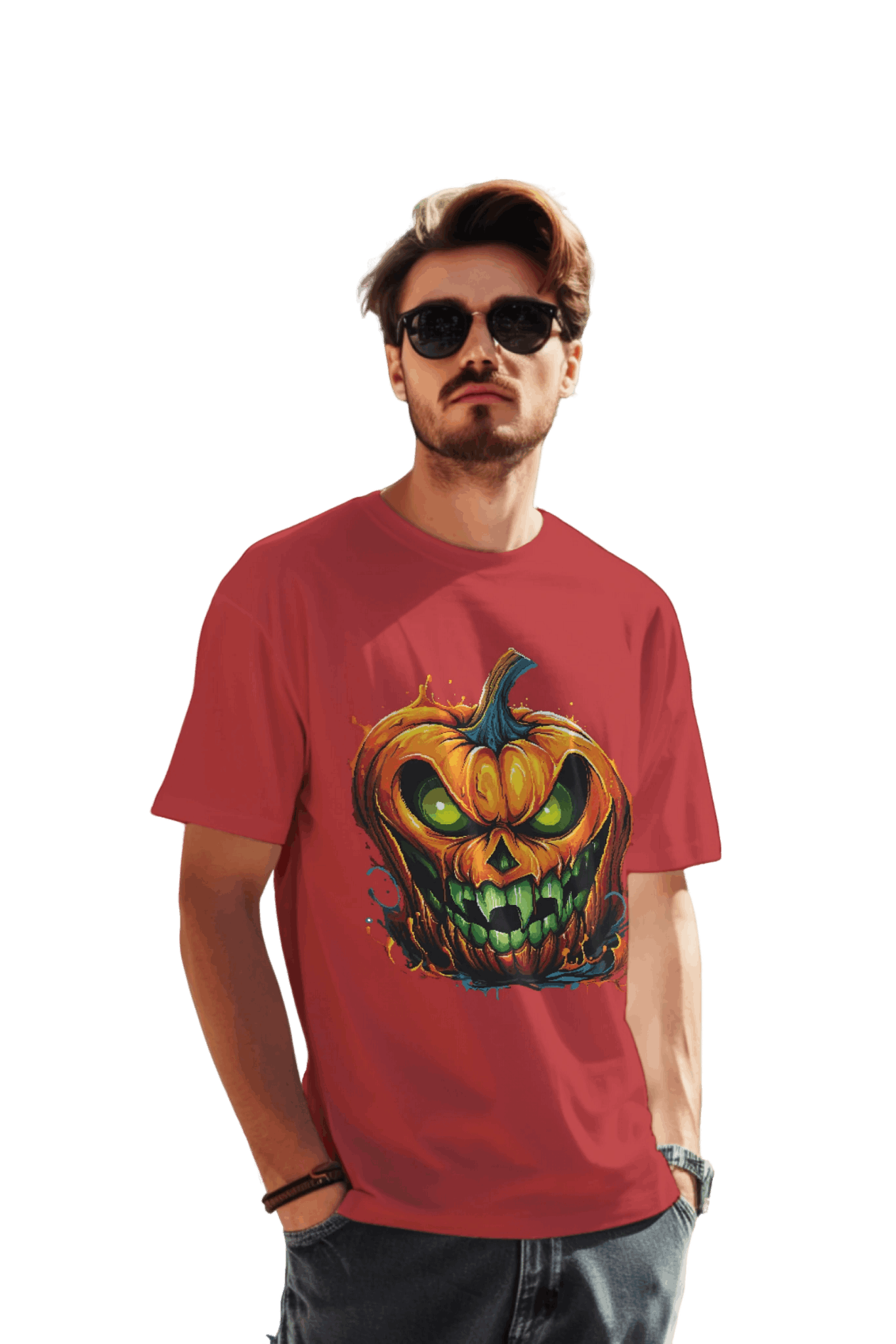 Menacing Halloween Pumpkin T-Shirt for a Spooktacular Statement Red