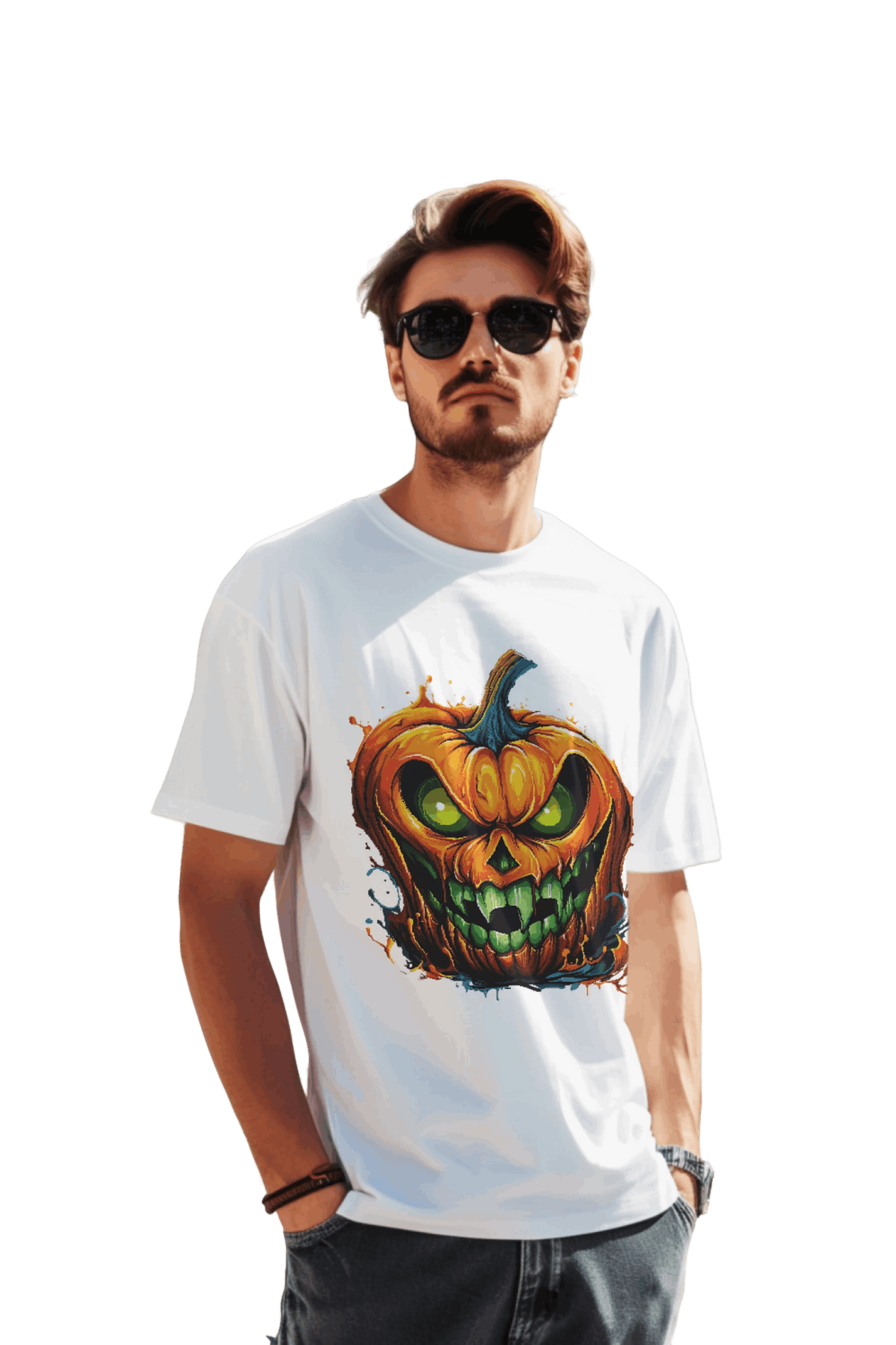 Menacing Halloween Pumpkin T-Shirt for a Spooktacular Statement White