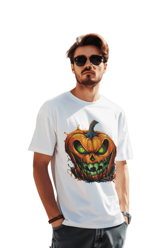 Menacing Halloween Pumpkin T-Shirt for a Spooktacular Statement White