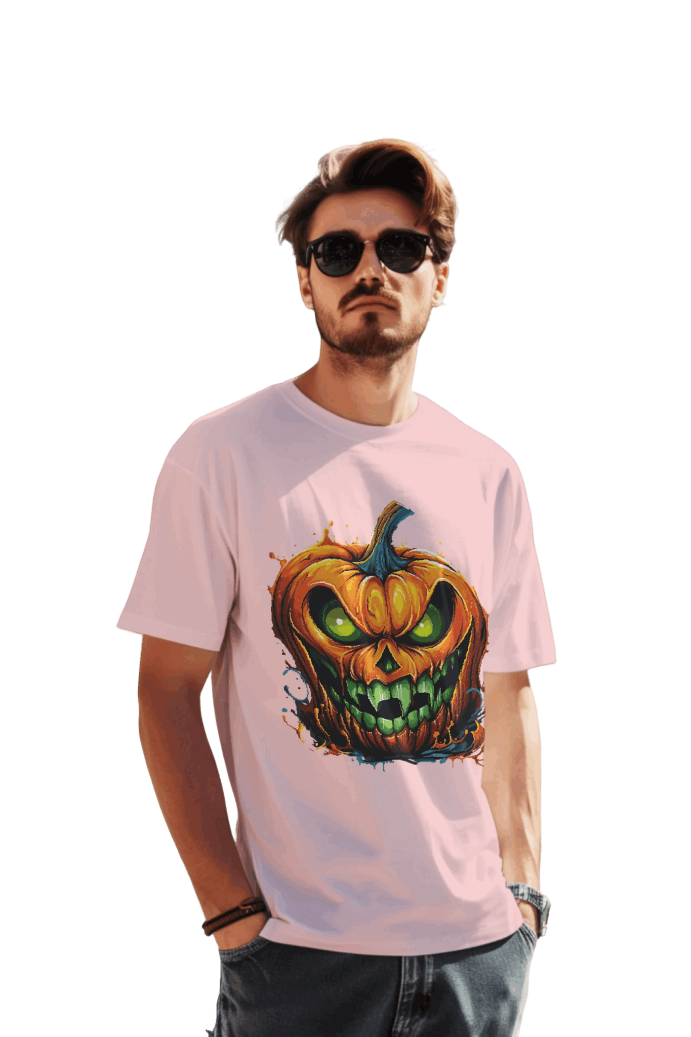 Menacing Halloween Pumpkin T-Shirt for a Spooktacular Statement Pink