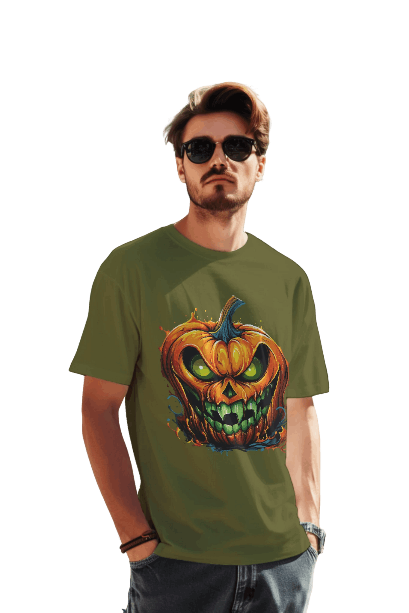 Menacing Halloween Pumpkin T-Shirt for a Spooktacular Statement Olive