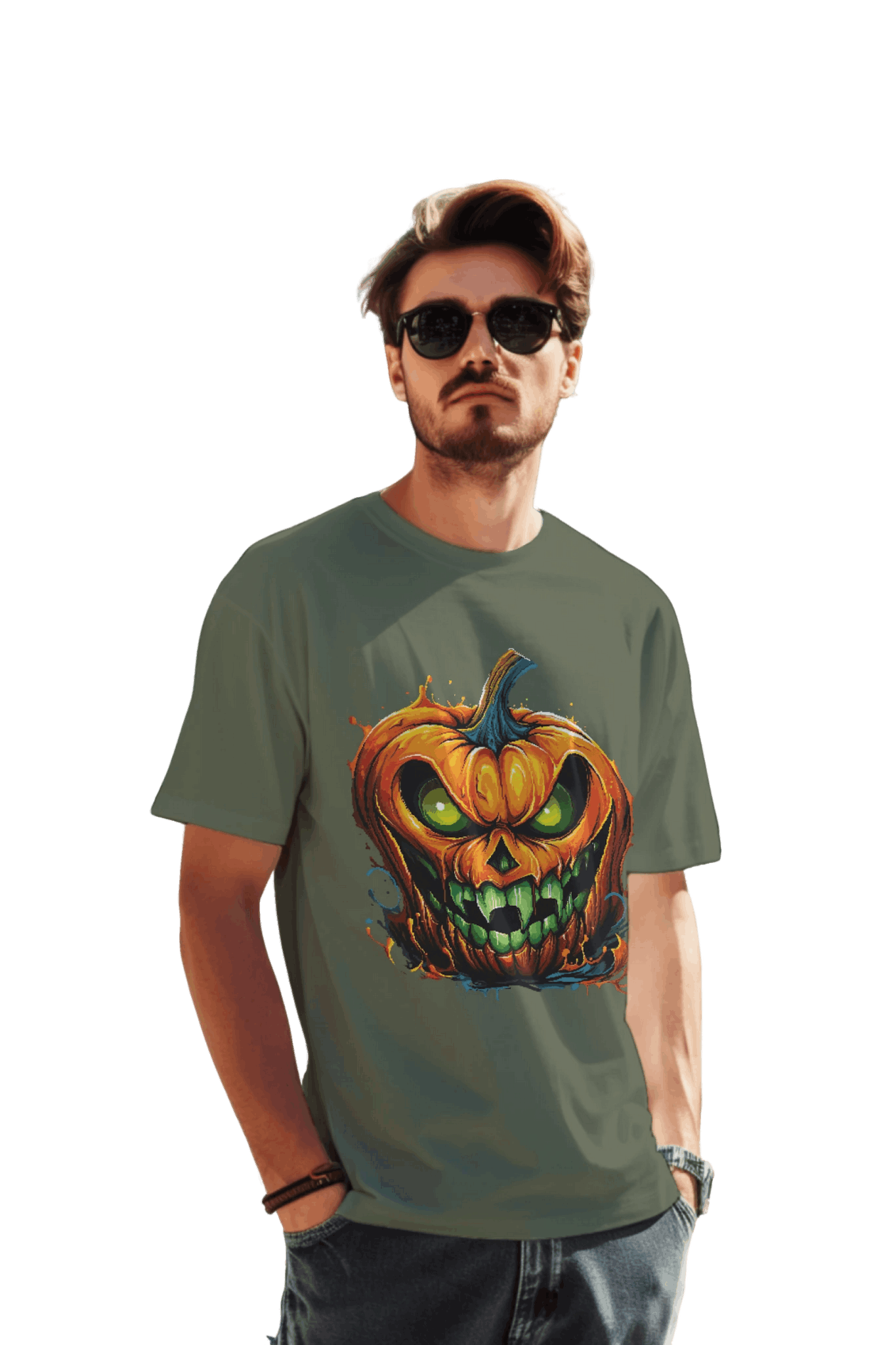 Menacing Halloween Pumpkin T-Shirt for a Spooktacular Statement Military Green