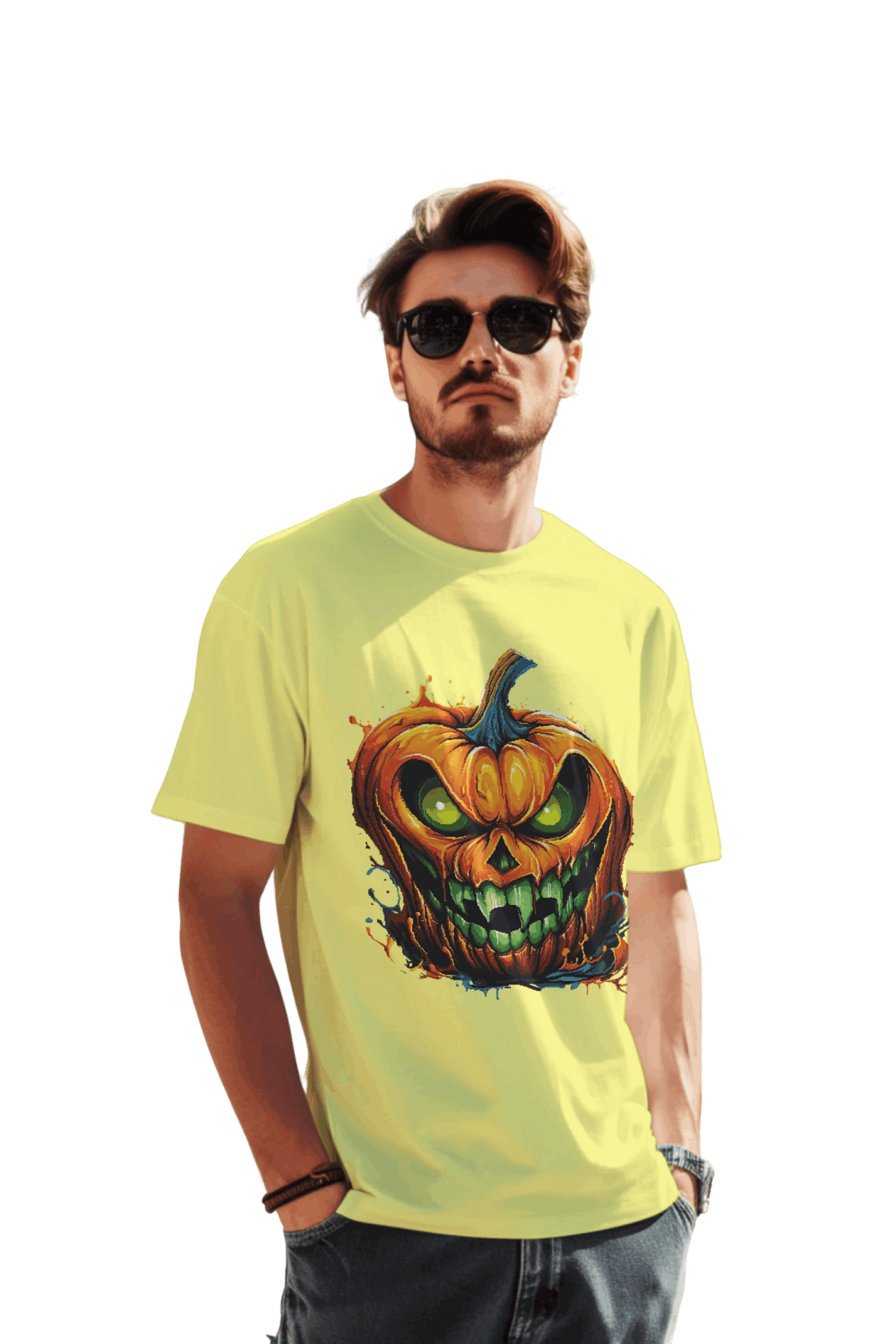 Menacing Halloween Pumpkin T-Shirt for a Spooktacular Statement Yellow