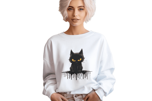 Mysterious Black Cat Crewneck Sweatshirt with Striking Design White