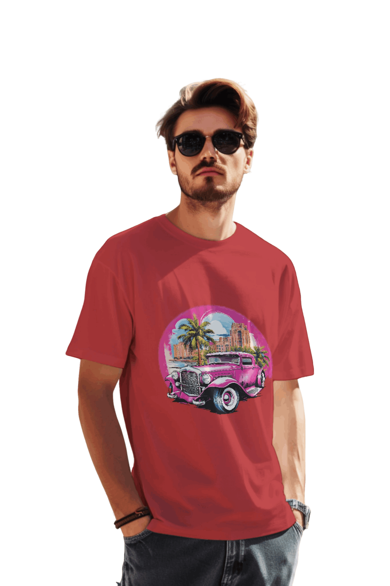 Pink Hot Rod T-Shirt: Retro Charm Meets Tropical Vibes Red