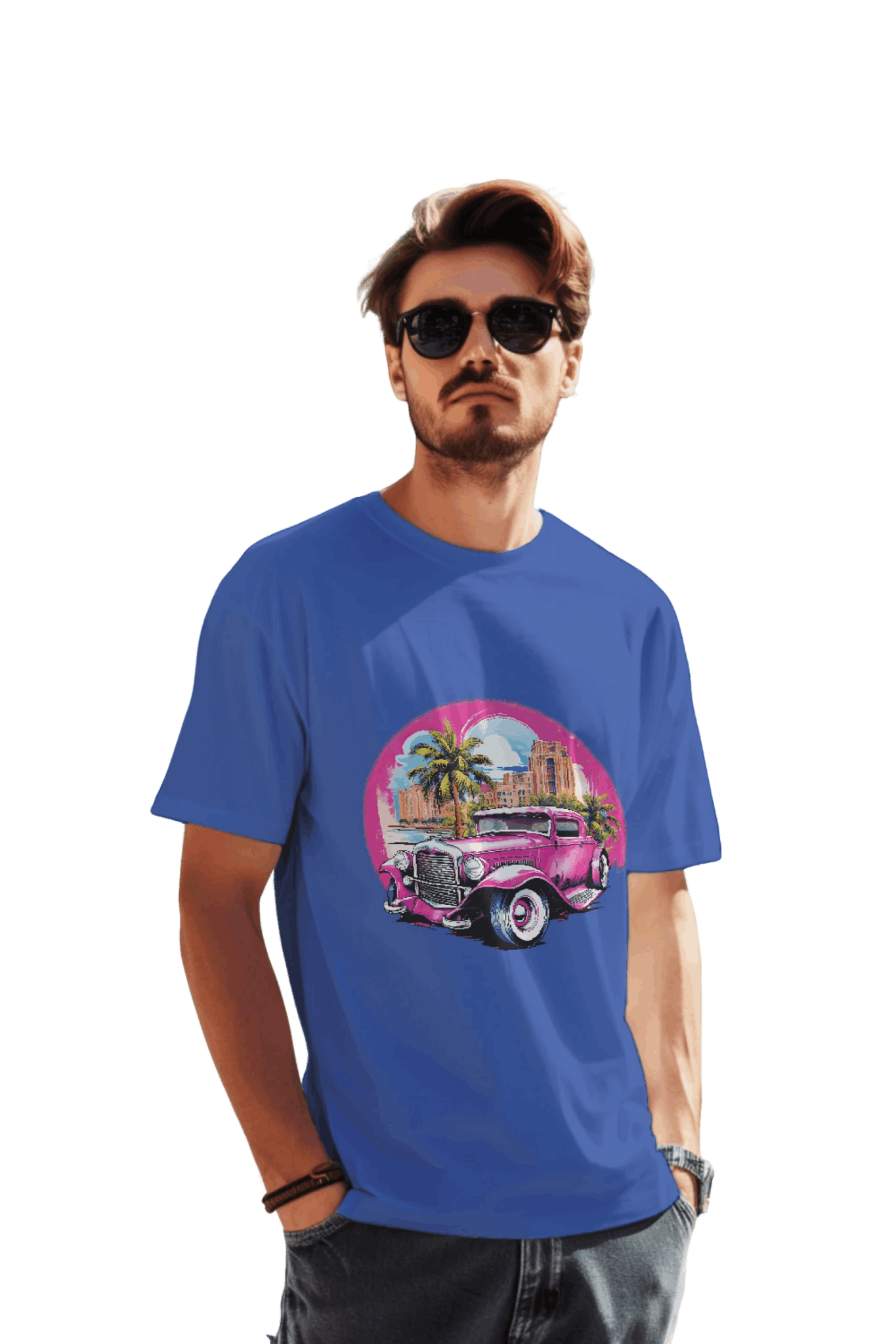 Pink Hot Rod T-Shirt: Retro Charm Meets Tropical Vibes True Royal