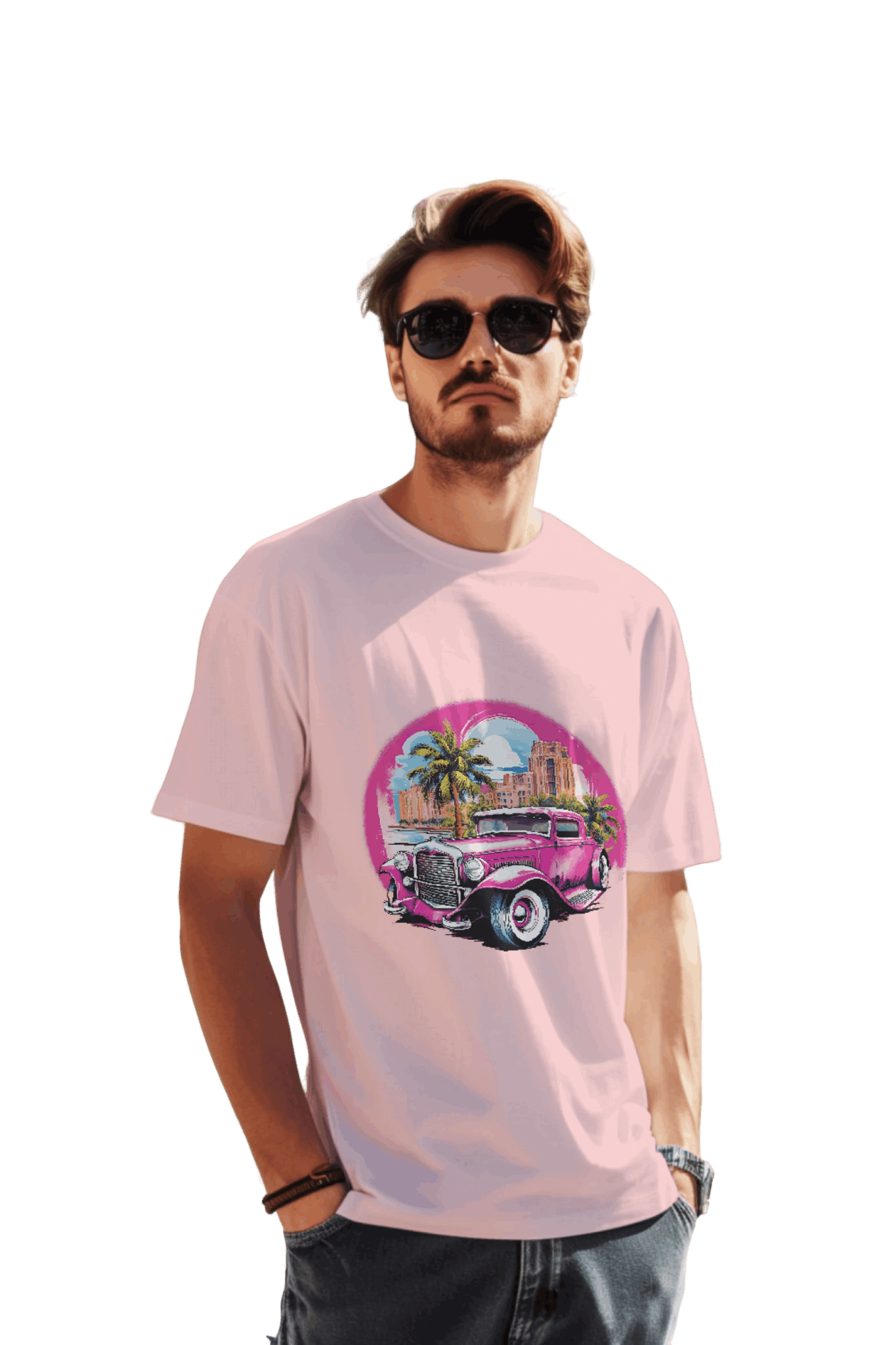 Pink Hot Rod T-Shirt: Retro Charm Meets Tropical Vibes Pink