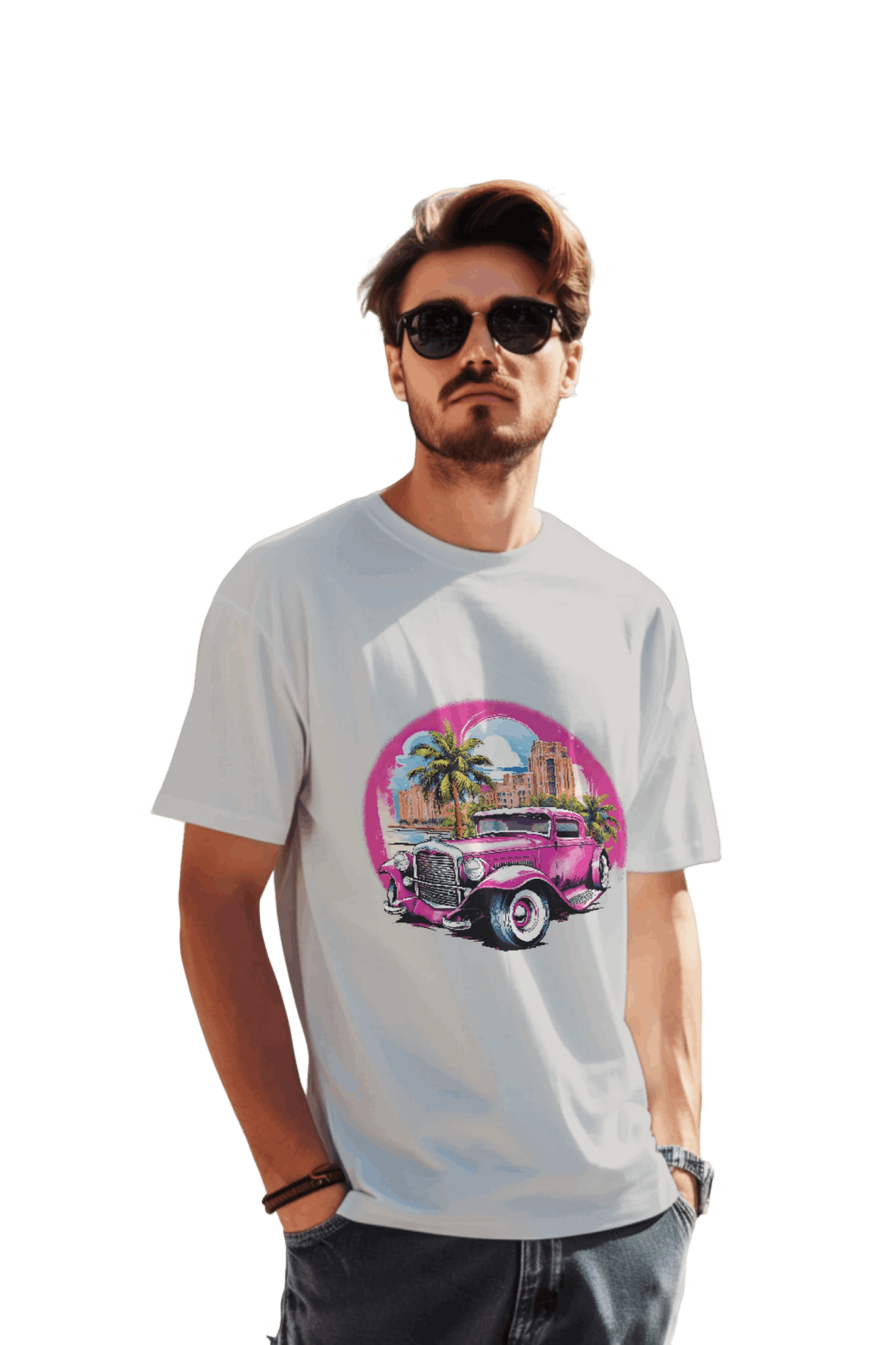 Pink Hot Rod T-Shirt: Retro Charm Meets Tropical Vibes Silver