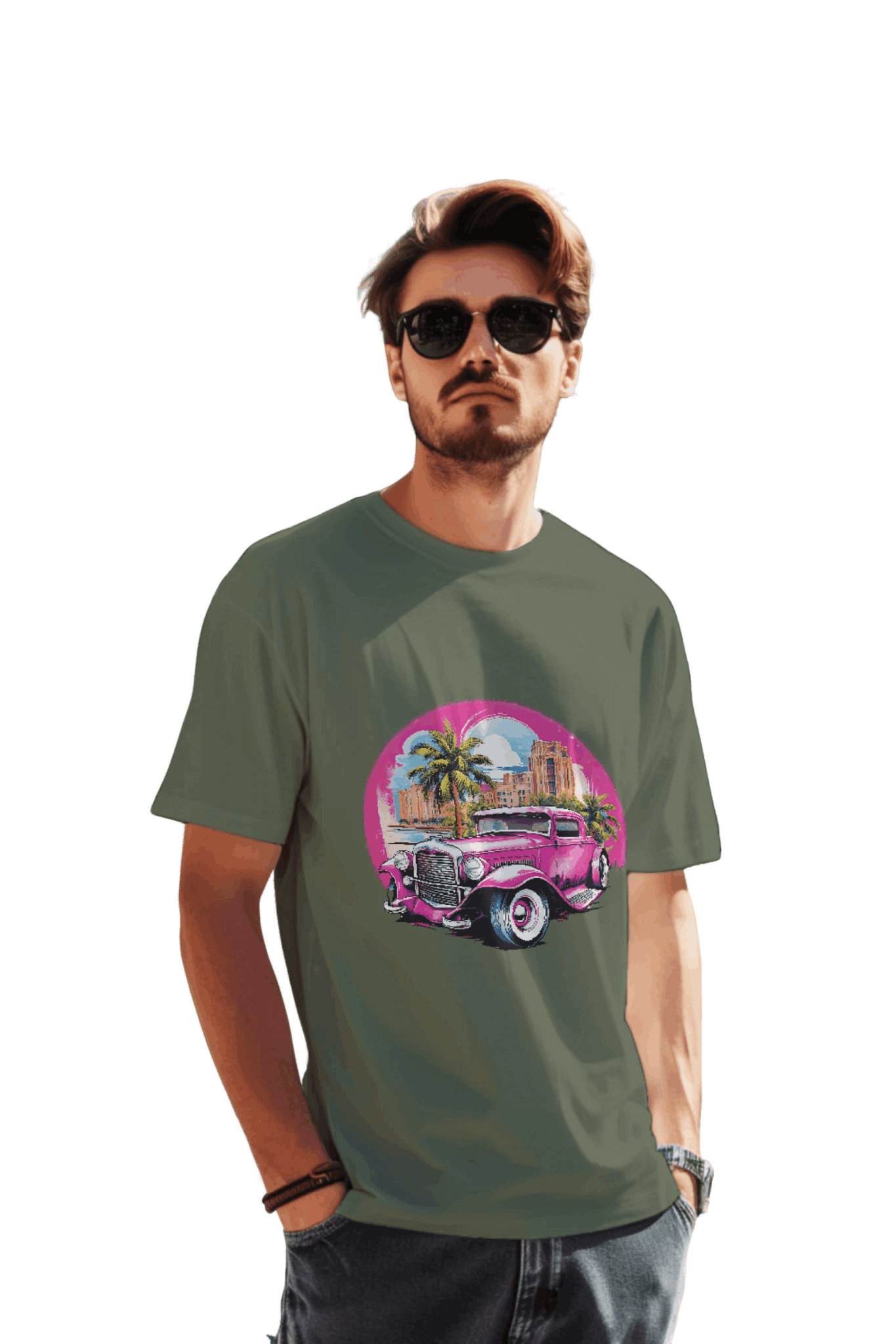 Pink Hot Rod T-Shirt: Retro Charm Meets Tropical Vibes Military Green