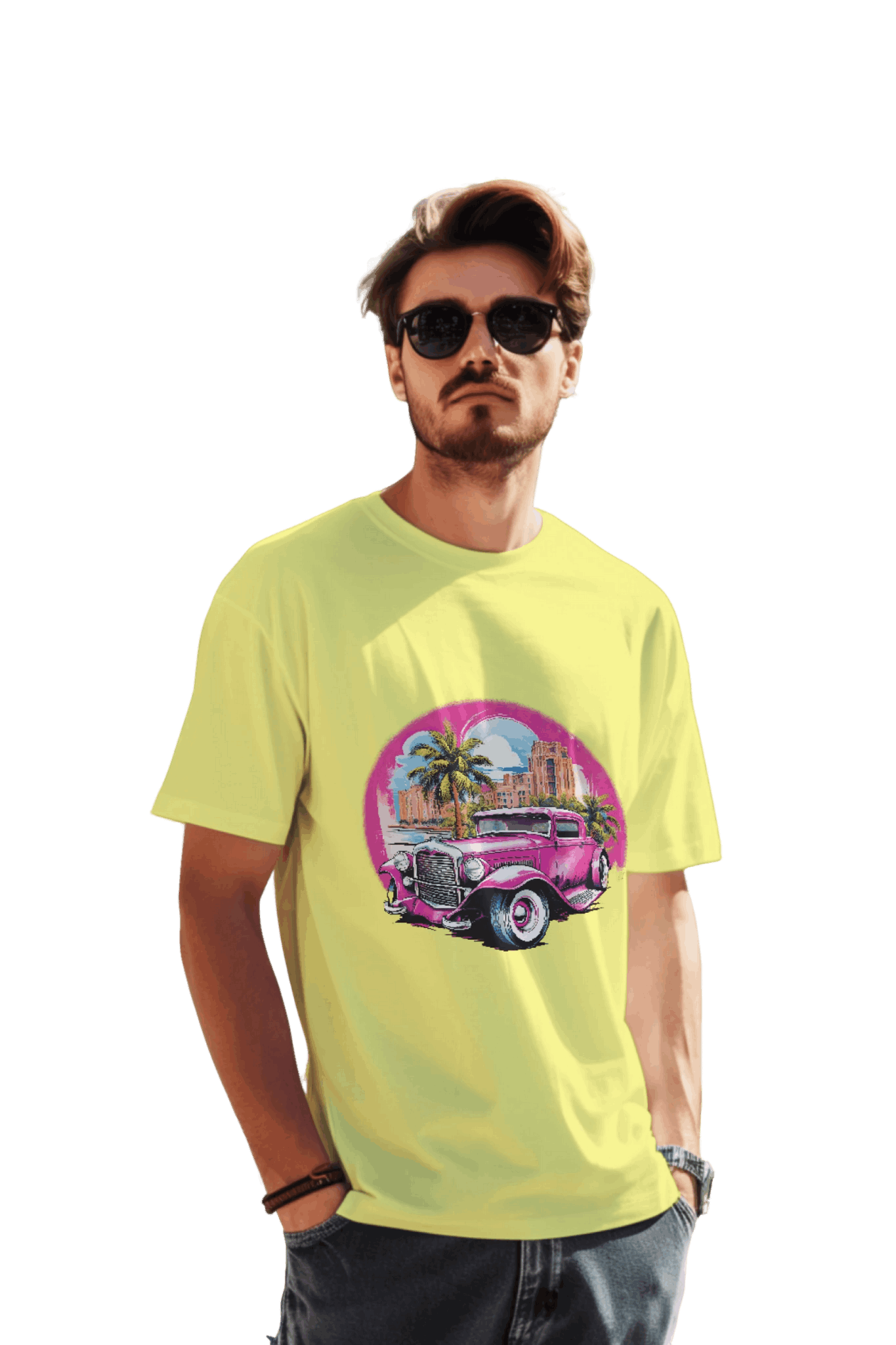 Pink Hot Rod T-Shirt: Retro Charm Meets Tropical Vibes Yellow