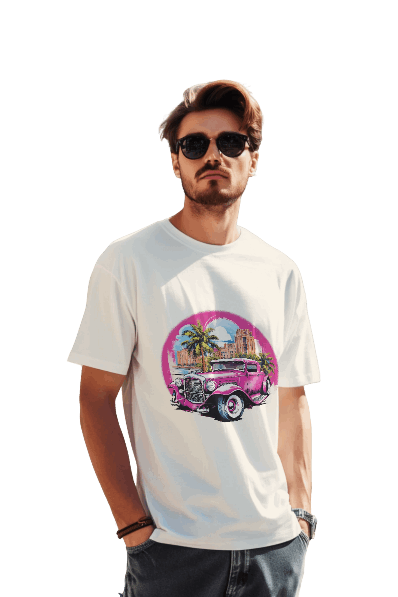 Pink Hot Rod T-Shirt: Retro Charm Meets Tropical Vibes Natural