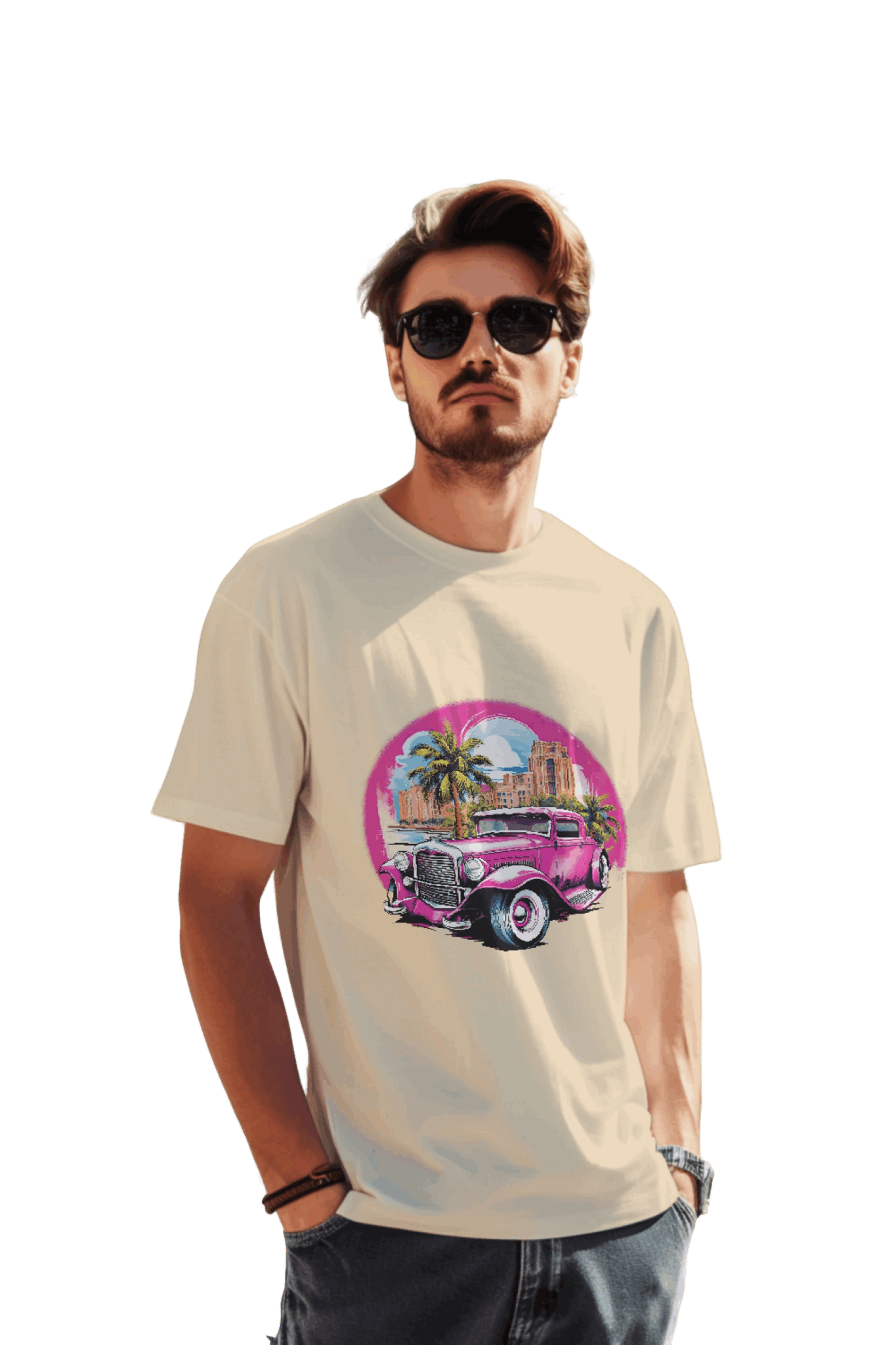 Pink Hot Rod T-Shirt: Retro Charm Meets Tropical Vibes Soft Cream