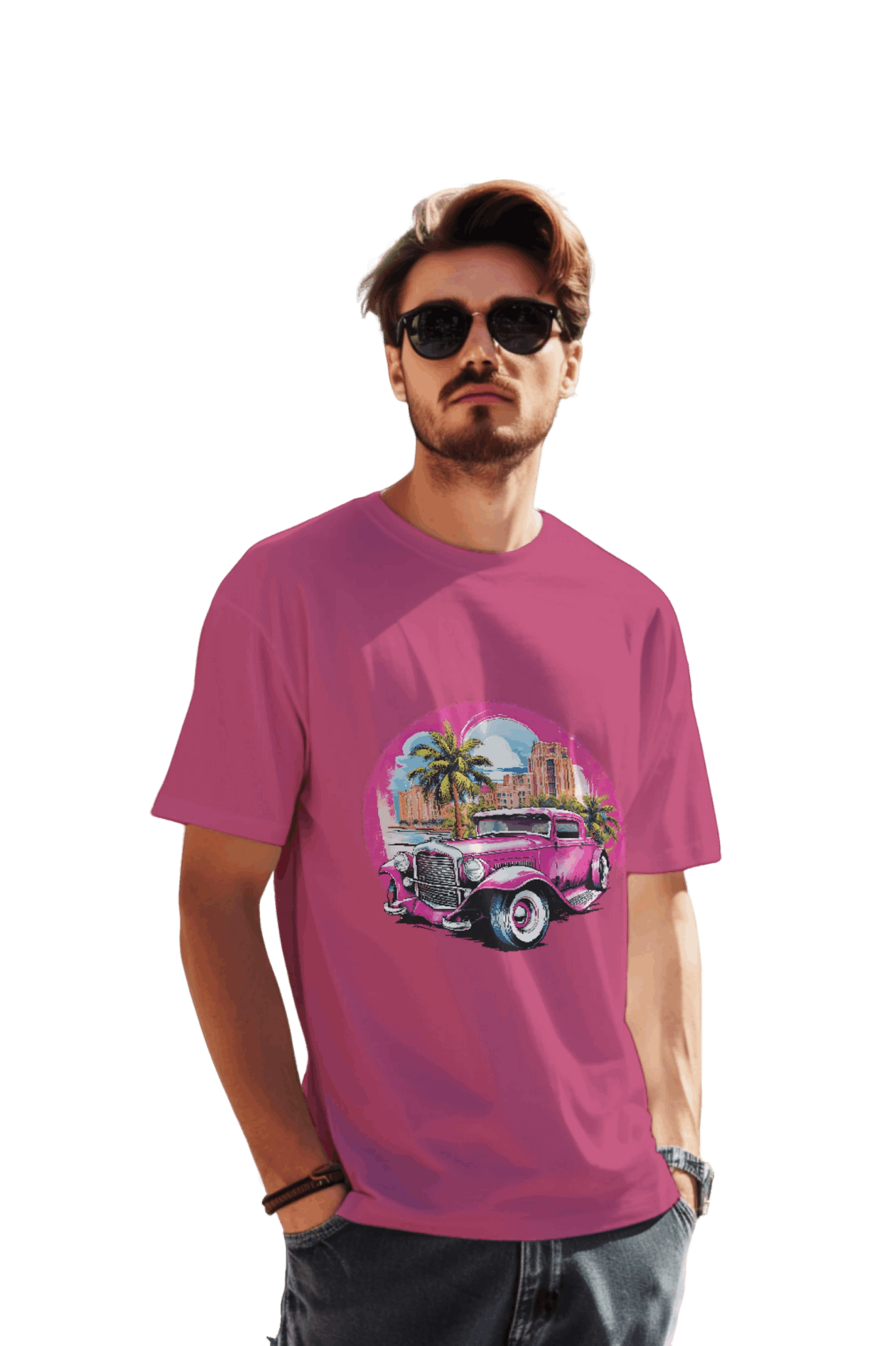 Pink Hot Rod T-Shirt: Retro Charm Meets Tropical Vibes Berry