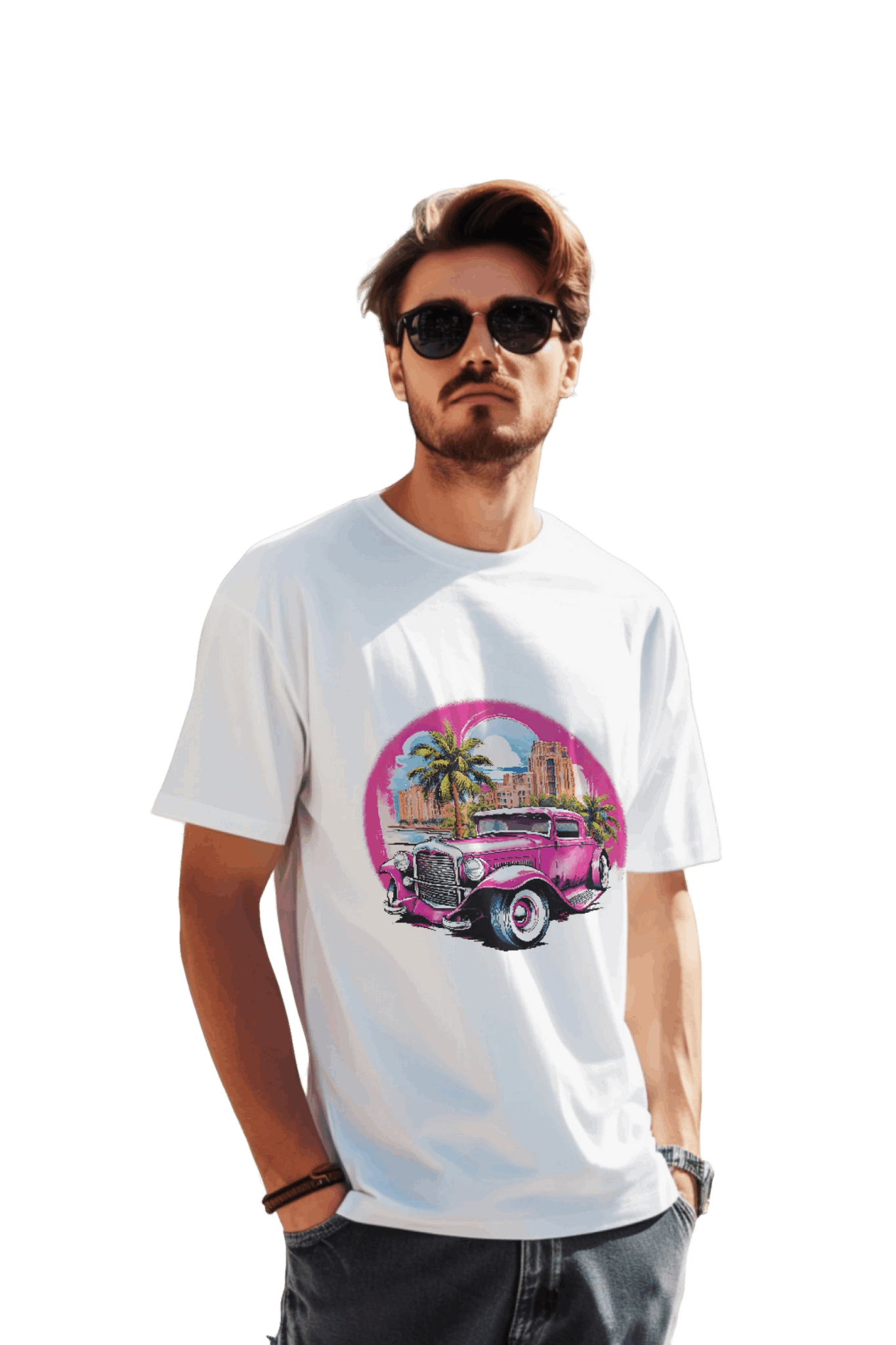 Pink Hot Rod T-Shirt: Retro Charm Meets Tropical Vibes White