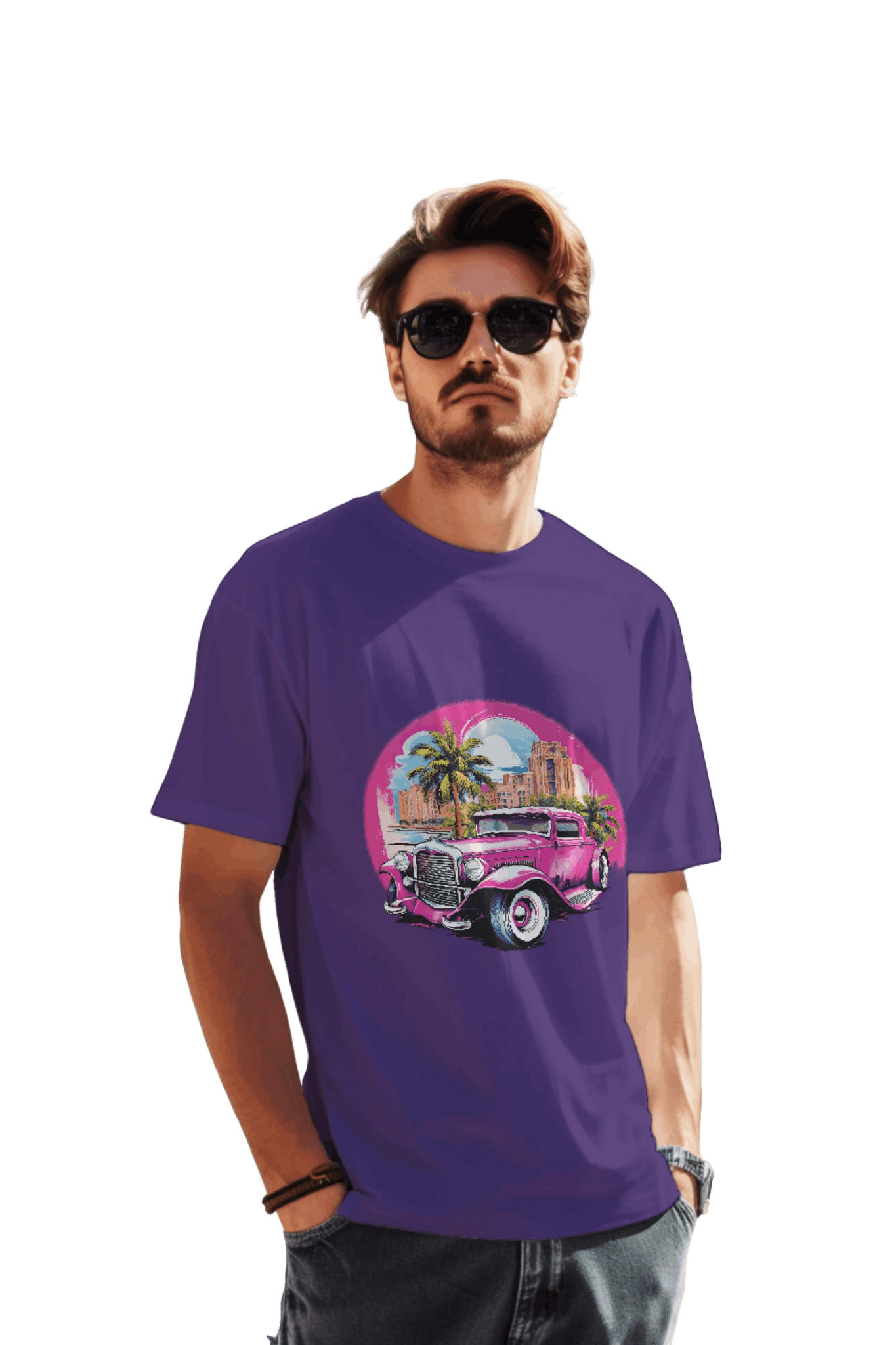 Pink Hot Rod T-Shirt: Retro Charm Meets Tropical Vibes Team Purple