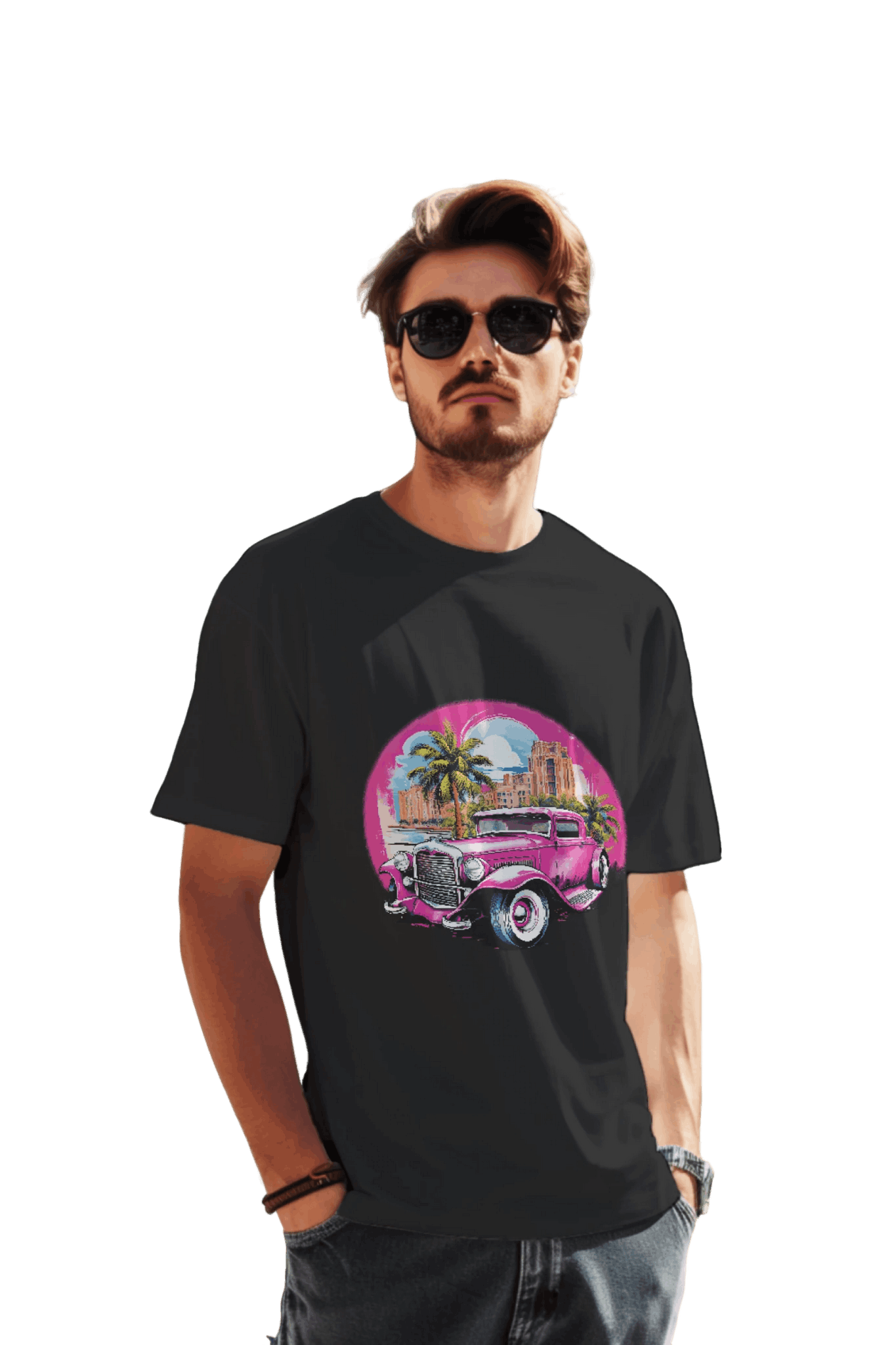 Pink Hot Rod T-Shirt: Retro Charm Meets Tropical Vibes Black