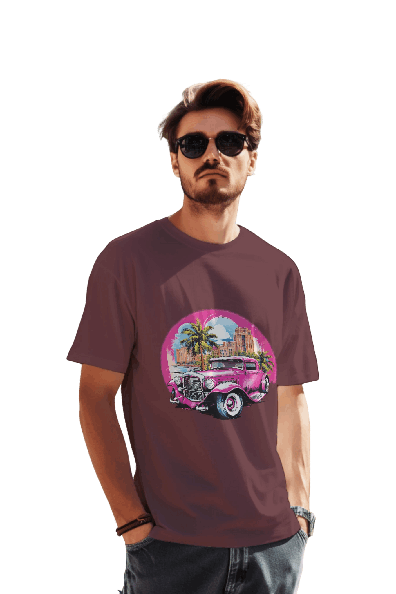 Pink Hot Rod T-Shirt: Retro Charm Meets Tropical Vibes Maroon