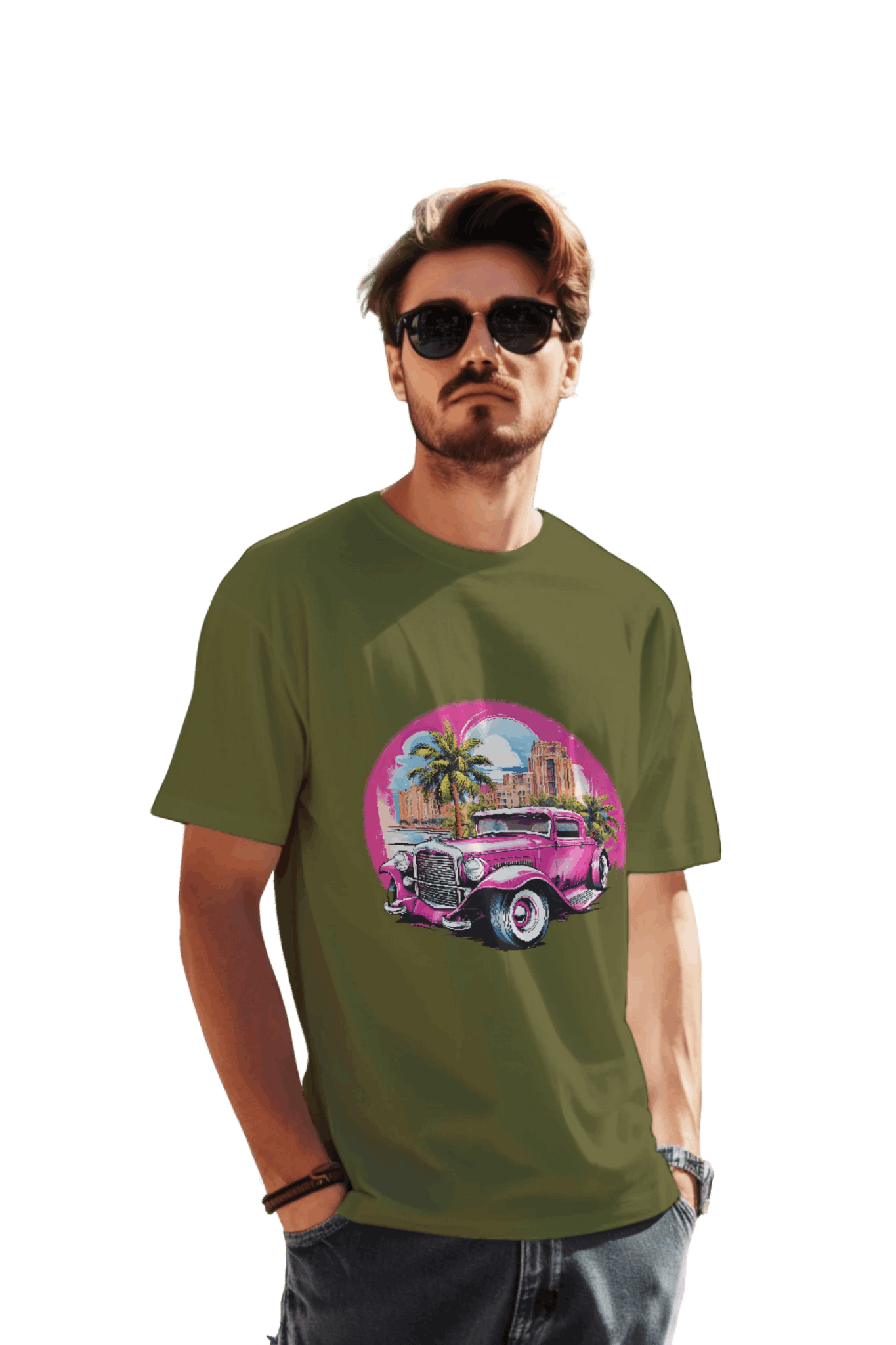 Pink Hot Rod T-Shirt: Retro Charm Meets Tropical Vibes Olive