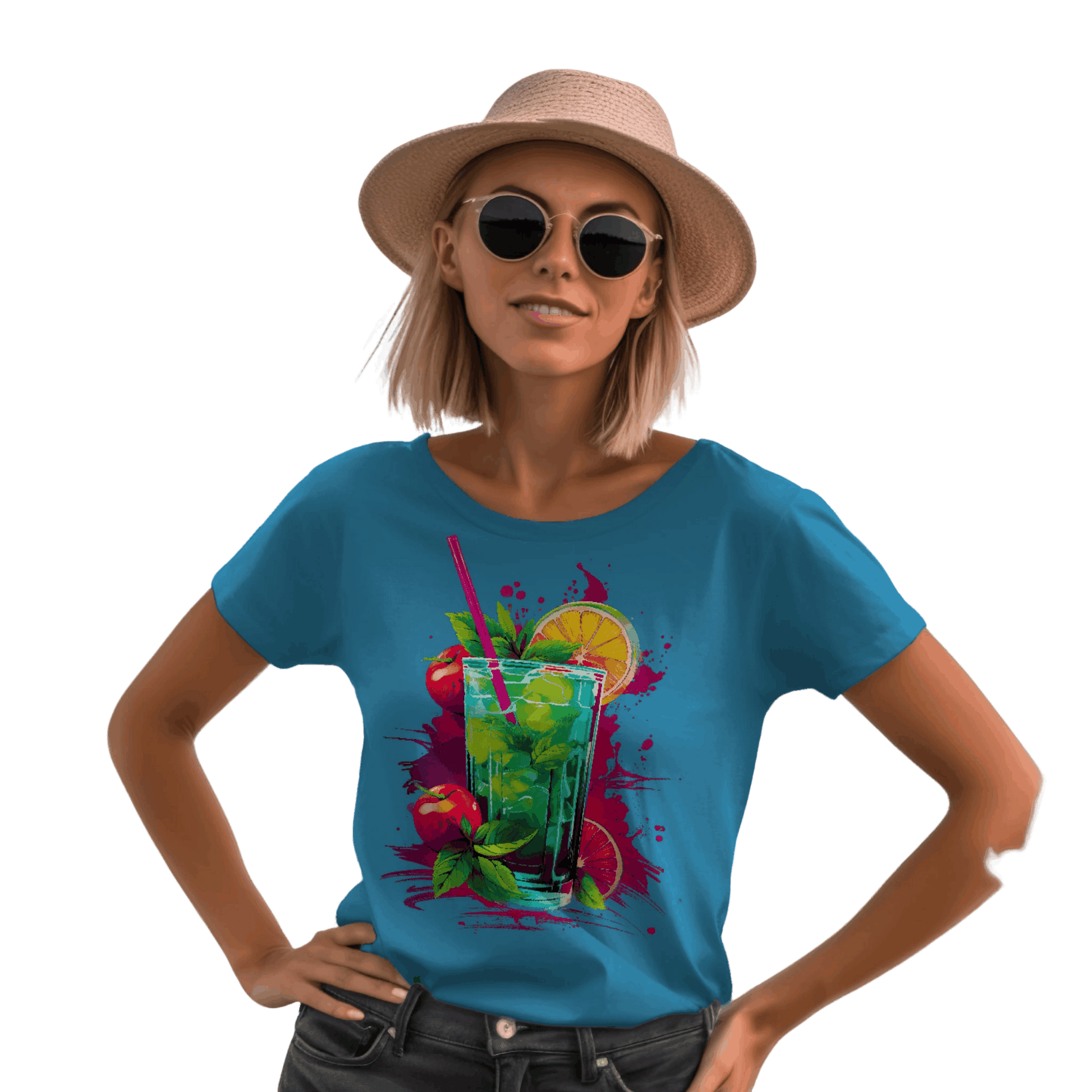 Vibrant Drink Design Refreshing T-Shirt for a Whimsical Look Aqua