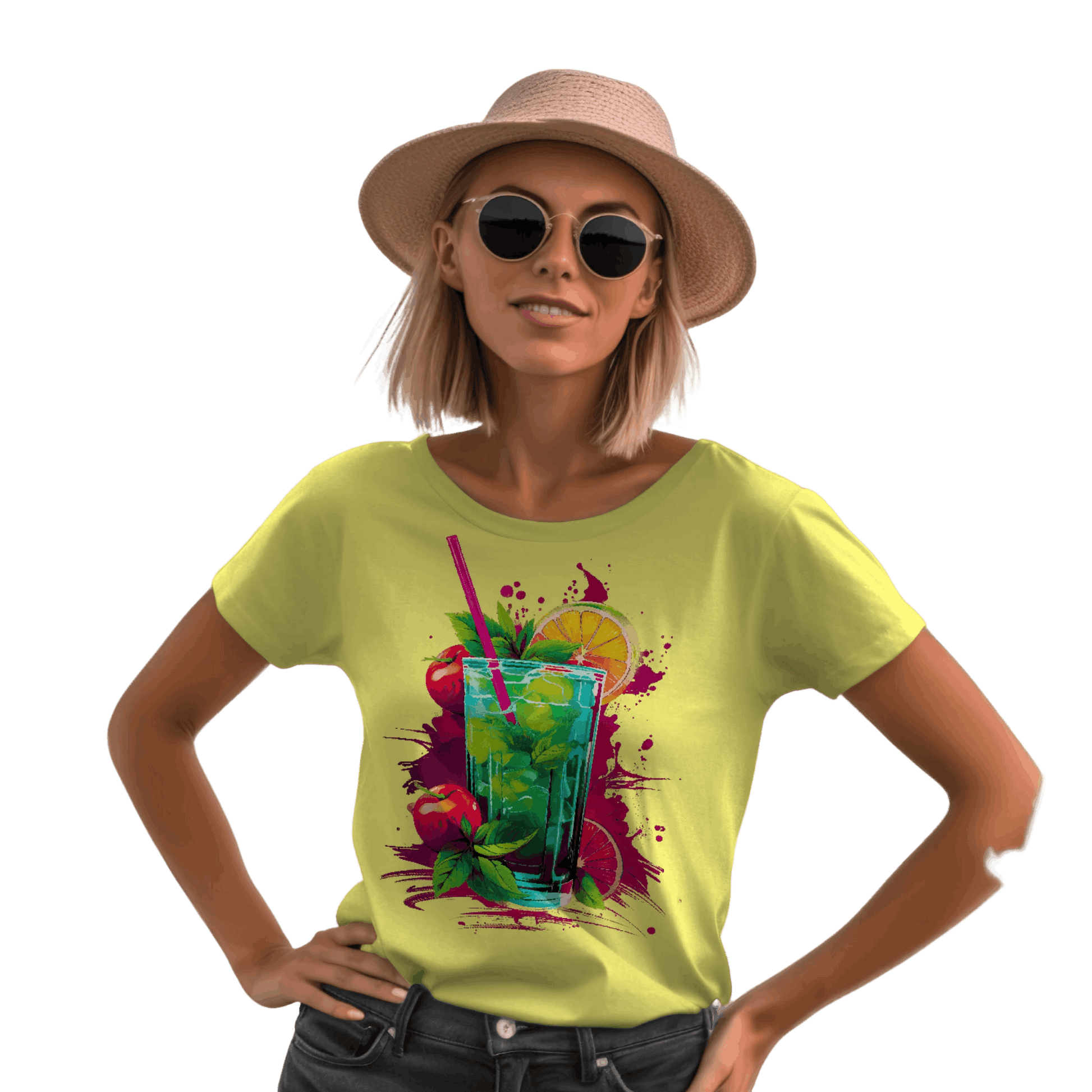 Vibrant Drink Design Refreshing T-Shirt for a Whimsical Look Yellow