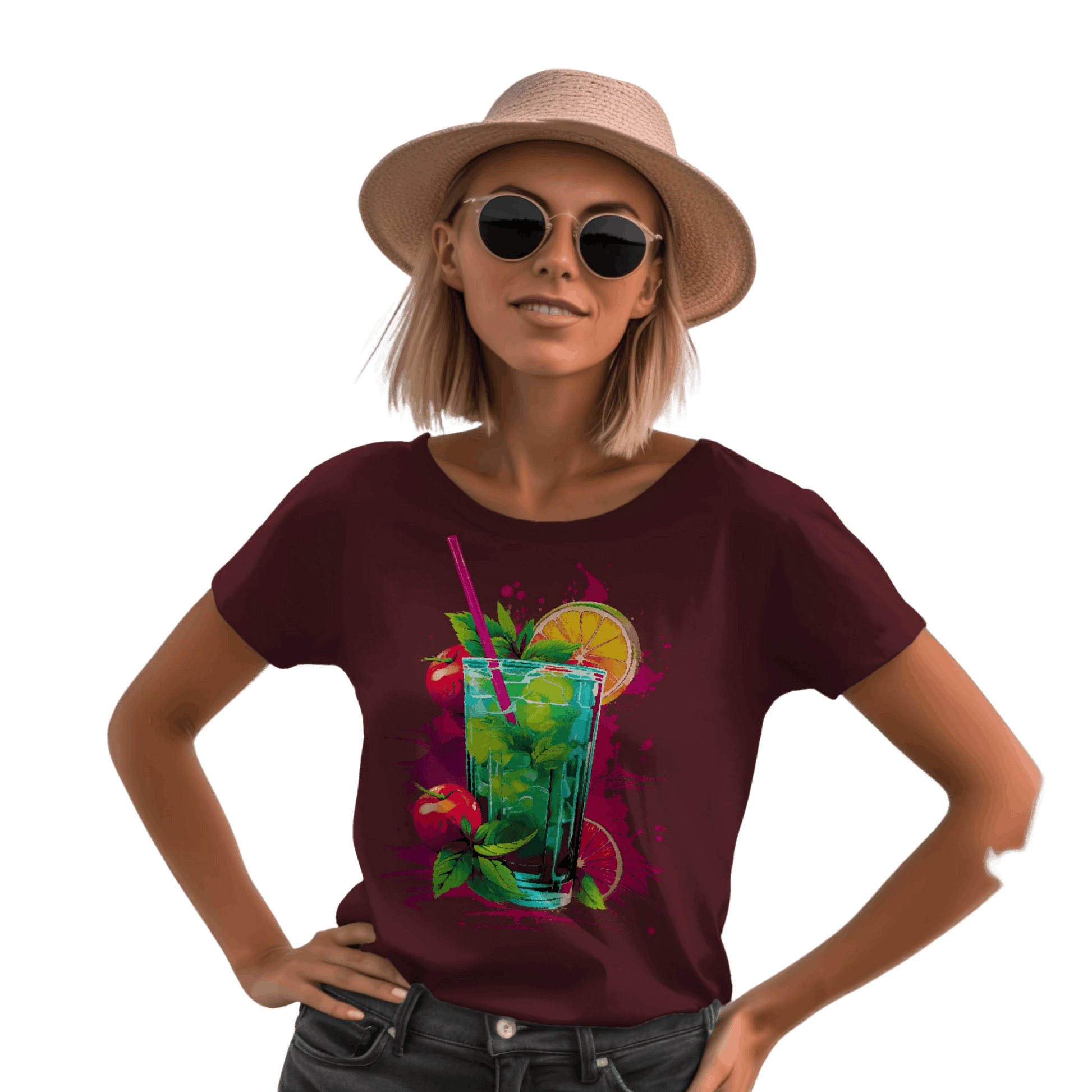 Vibrant Drink Design Refreshing T-Shirt for a Whimsical Look Maroon