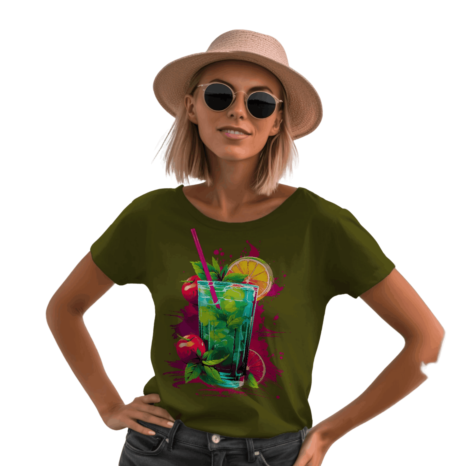 Vibrant Drink Design Refreshing T-Shirt for a Whimsical Look Olive