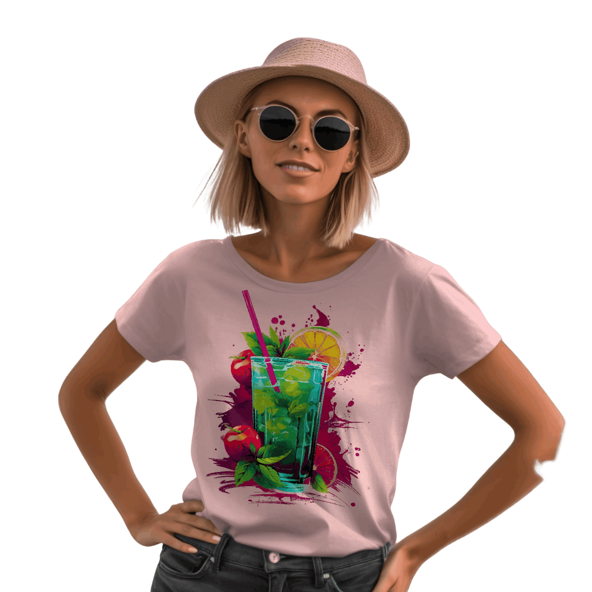 Vibrant Drink Design Refreshing T-Shirt for a Whimsical Look Pink