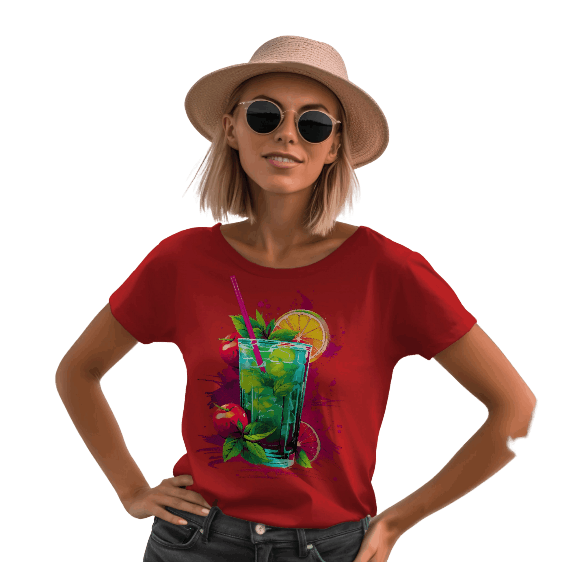 Vibrant Drink Design Refreshing T-Shirt for a Whimsical Look Red