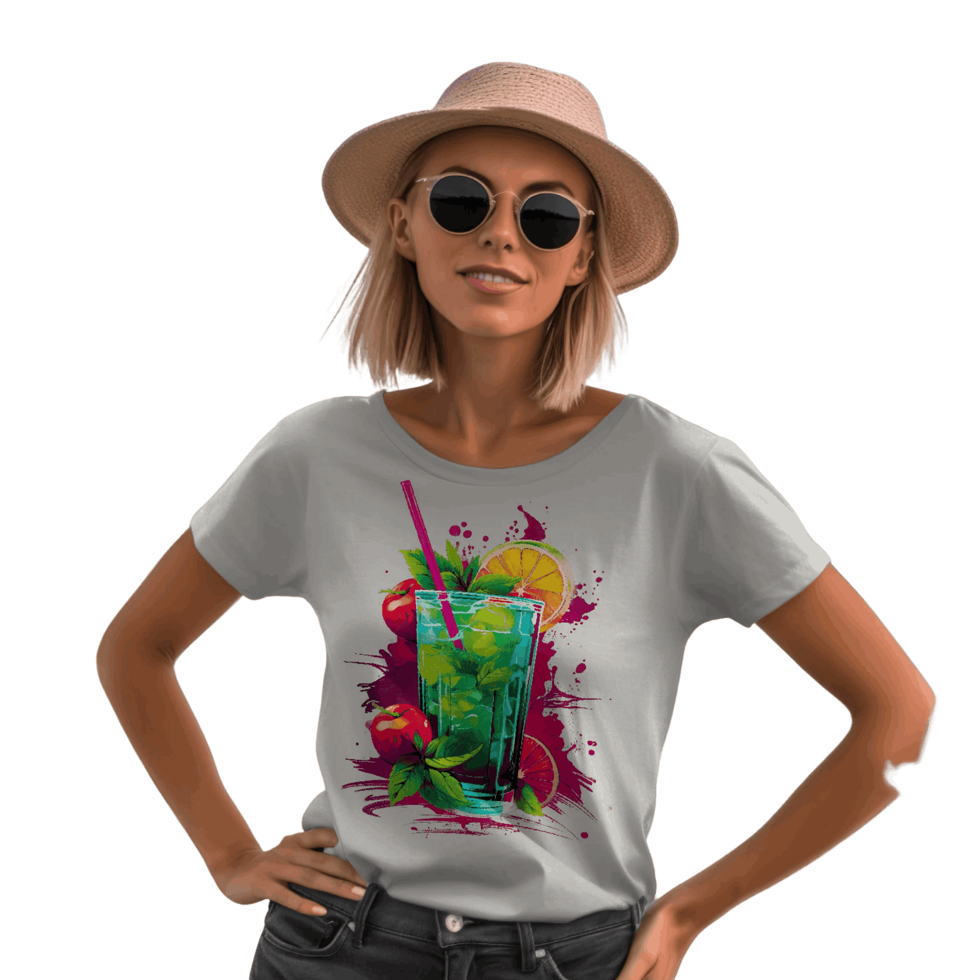 Vibrant Drink Design Refreshing T-Shirt for a Whimsical Look Silver