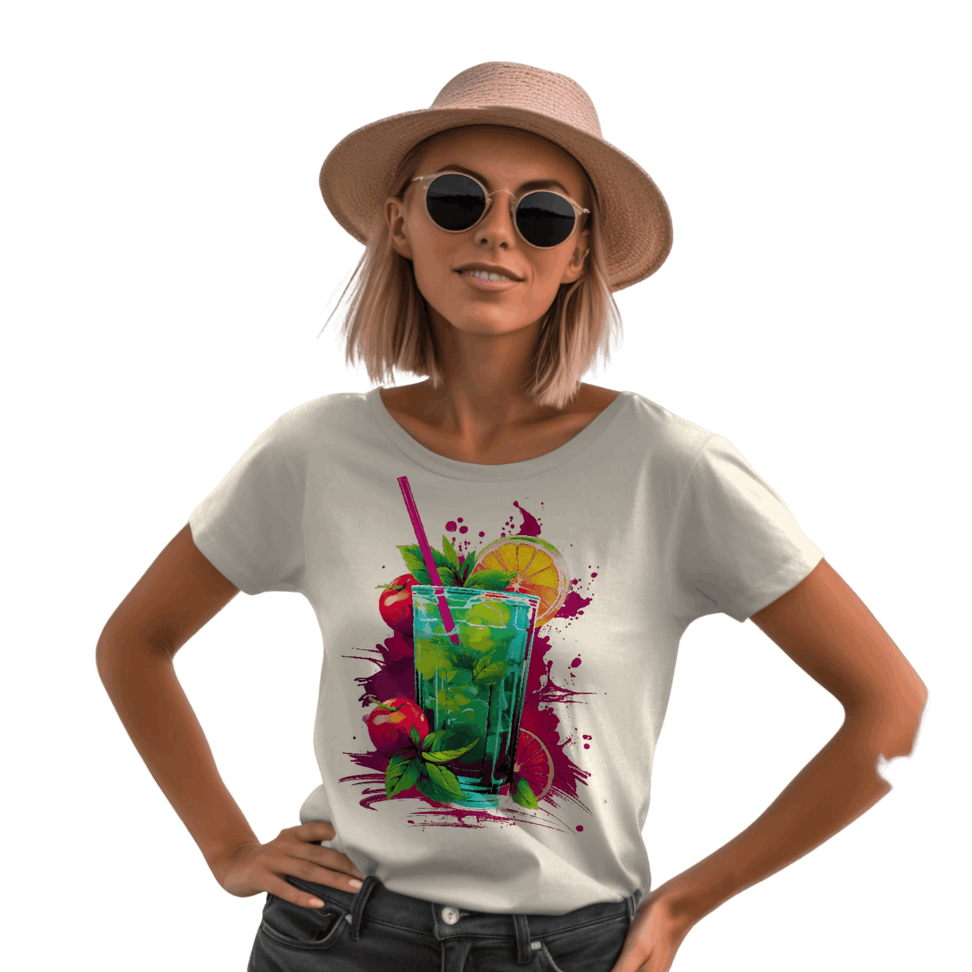 Vibrant Drink Design Refreshing T-Shirt for a Whimsical Look Natural